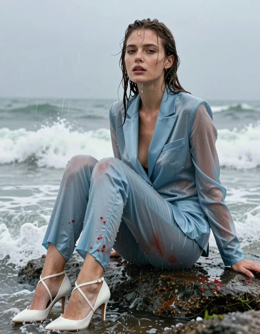 photo of young woman, in soaking wet, drenched clothes,
Strappy white stilettos , Dirty pale blue satin business suit covered in red in paint , See through jacket , Sitting in surf , 
enjoying, wet clothes stuck to body,
detailed textures of the wet clothes, wet face, wet plastered hair,
wet, drenched, professional, high-quality details, full body view.
sharp focus, ultra-high pixel detail, realistic, high-quality, full colors, incredibly detailed, 4k, 8k, 16k, hyper-realistic, RAW photo, masterpiece, ultra-detailed, professionally color graded, professional photograph, Agnetha Falskog, in a downpour, wet skin, wet clothes, damp fabric