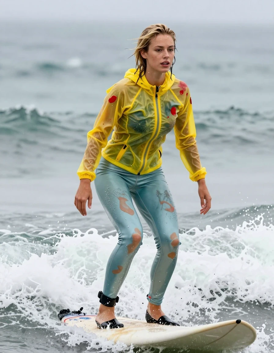 photo of young woman, in soaking wet, drenched clothes,
black stilettos, Dirty pale blue satin leggings covered in paint , See-through yellow ski jacket covered in red paint , Surf, 
enjoying, wet clothes stuck to body,
detailed textures of the wet clothes, wet face, wet plastered hair,
wet, drenched, professional, high-quality details, full body view.
sharp focus, ultra-high pixel detail, realistic, high-quality, full colors, incredibly detailed, 4k, 8k, 16k, hyper-realistic, RAW photo, masterpiece, ultra-detailed, professionally color graded, professional photograph, Blonde, in a downpour, wet skin, wet clothes, damp fabric