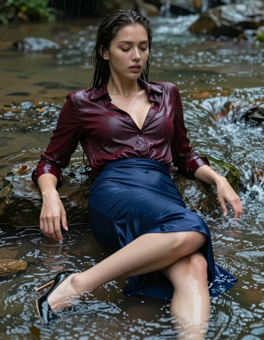 photo of young woman, in soaking wet, drenched clothes,
pumps, blue tight long dress, silk, shiny dark red shirtdress , long blouse, river, rain, 
enjoying, wet clothes stuck to body,
detailed textures of the wet clothes, wet face, wet plastered hair,
wet, drenched, professional, high-quality details, full body view.
sharp focus, ultra-high pixel detail, realistic, high-quality, full colors, incredibly detailed, 4k, 8k, 16k, hyper-realistic, RAW photo, masterpiece, ultra-detailed, professionally color graded, professional photograph, collar, long sleeves, long blouse, unbuttoned, 
wet hair, long hair, drenched, dripping wet, complete submerged, full body, lying, wet skin, wet clothes, damp fabric