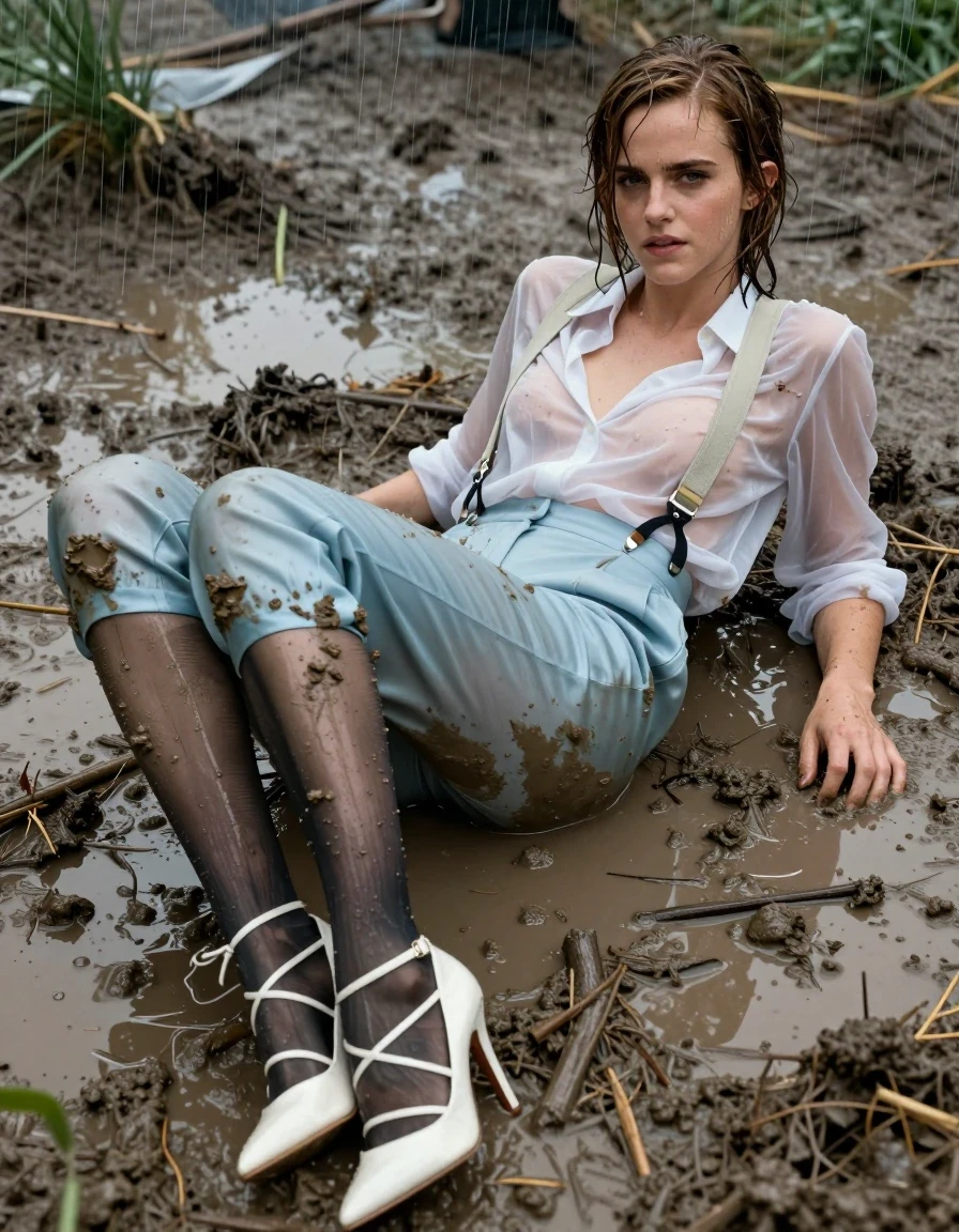 photo of young woman, in soaking wet, drenched clothes,
Strappy white stilettos, muddy black stockings & suspenders , Muddy pale blue satin pants suit , See through jacket , Lying down in muddy puddle, 
enjoying, wet clothes stuck to body,
detailed textures of the wet clothes, wet face, wet plastered hair,
wet, drenched, professional, high-quality details, full body view.
sharp focus, ultra-high pixel detail, realistic, high-quality, full colors, incredibly detailed, 4k, 8k, 16k, hyper-realistic, RAW photo, masterpiece, ultra-detailed, professionally color graded, professional photograph, Emma Watson, in a downpour, wet skin, wet clothes, damp fabric, wet skin, wet clothes, damp fabric