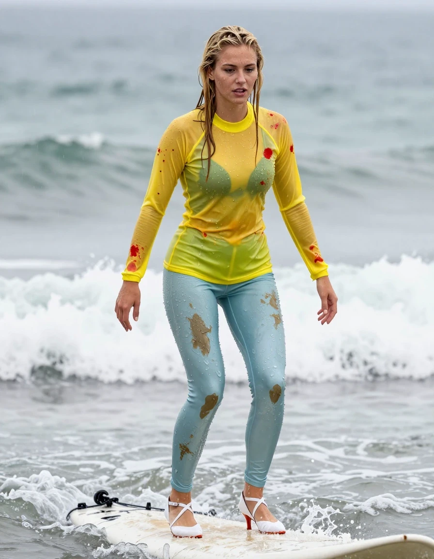 photo of young woman, in soaking wet, drenched clothes,
Strappy white stilettos, Dirty pale blue satin leggings covered in paint , See-through yellow suit jacket covered in red paint , Surf, 
enjoying, wet clothes stuck to body,
detailed textures of the wet clothes, wet face, wet plastered hair,
wet, drenched, professional, high-quality details, full body view.
sharp focus, ultra-high pixel detail, realistic, high-quality, full colors, incredibly detailed, 4k, 8k, 16k, hyper-realistic, RAW photo, masterpiece, ultra-detailed, professionally color graded, professional photograph, Blonde, in a downpour, wet skin, wet clothes, damp fabric