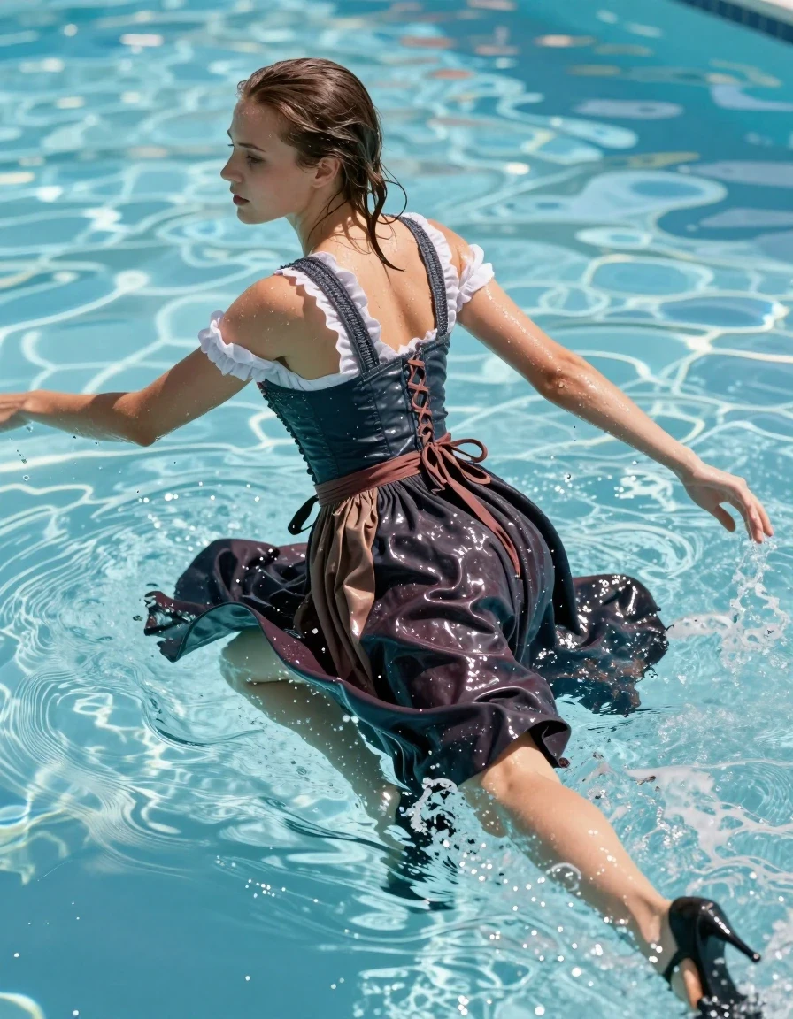 A young adult European woman with wet, slicked-back hair and glistening, water-drenched skin swimming in a brightly lit outdoor swimming pool. She is wearing a traditional dirndl with a long, flowing skirt that is soaking-wet, heavy with water, and clinging to her legs, with the fabric darkened and showing deep, saturated folds and textures from immersion. She is wearing high-heeled shoes that are submerged in the water. The scene captures her mid-motion, moving gracefully through the pool with water droplets and ripples surrounding her. The lighting is bright and summery, creating strong, glossy specular reflections on her wet skin and the saturated fabric of the dirndl. Photorealistic, 8k, highly detailed textures, cinematic composition, sharp focus on the interplay of light and water on the wet clothing.
