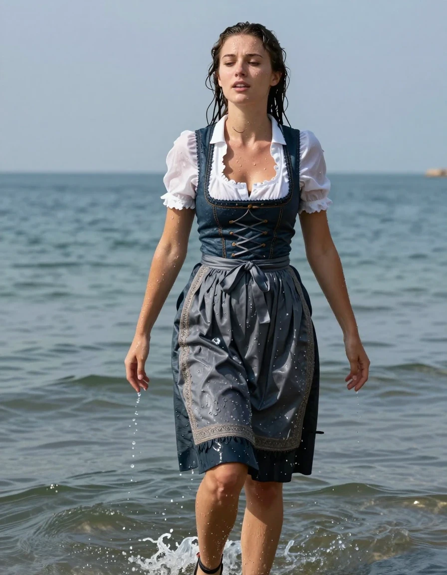 photo of young woman, in soaking wet, drenched clothes,
heels, long skirt, dirndl, sea, 
enjoying, wet clothes stuck to body,
detailed textures of the wet clothes, wet face, wet plastered hair,
wet, drenched, professional, high-quality details, full body view.
sharp focus, ultra-high pixel detail, realistic, high-quality, full colors, incredibly detailed, 4k, 8k, 16k, hyper-realistic, RAW photo, masterpiece, ultra-detailed, professionally color graded, professional photograph, wet skin, wet clothes, damp fabric