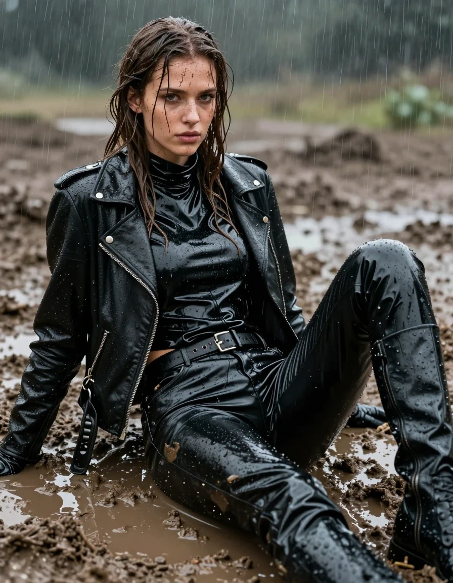 A photorealistic medium shot of a young adult European woman with long, dripping wet brown hair, skin glistening with heavy water sheen and mud streaks. She is wearing an oversize black vinyl polar neck shirt, black vinyl pants, and a black biker's leather jacket, all heavily drenched and clinging to her body. She wears black leather gloves on both hands and black leather knee-high boots. The clothing exhibits deep, dark, saturated wet textures with intense specular reflections from the rain. She is relaxing in a mud pit, completely drenched by heavy rain, with mud splattered across her face, hair, and clothing. The scene is captured with sharp, high-contrast lighting that emphasizes the wetness of the skin and the glossy, reflective surfaces of the vinyl and leather. The atmosphere is raw and moody, with visible raindrops, water-saturated fabrics showing heavy, clinging folds, and a realistic gritty environment. No nudity, fully clothed, clean anatomy.