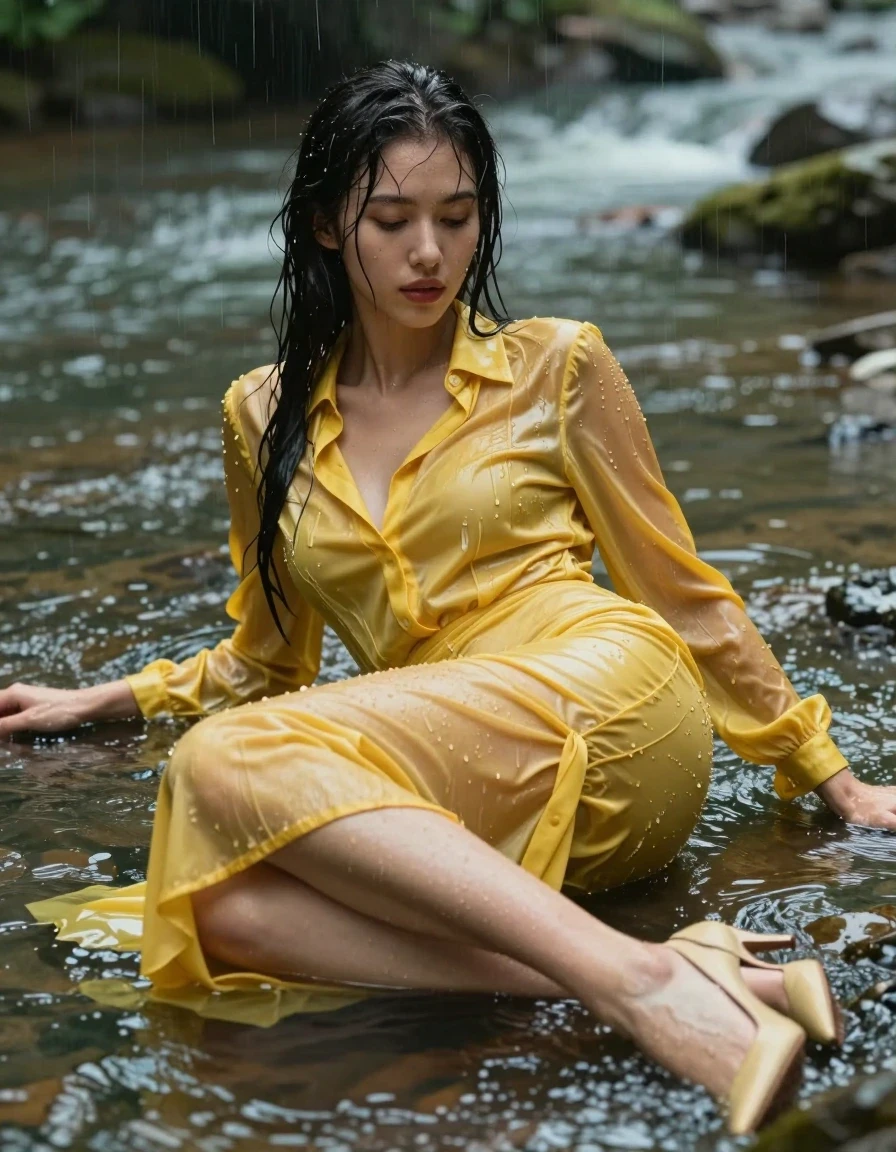 photo of young woman, in soaking wet, drenched clothes,
pumps, yellow tight long dress, silk, shiny dark yellow shirtdress , long blouse, river, rain, 
enjoying, wet clothes stuck to body,
detailed textures of the wet clothes, wet face, wet plastered hair,
wet, drenched, professional, high-quality details, full body view.
sharp focus, ultra-high pixel detail, realistic, high-quality, full colors, incredibly detailed, 4k, 8k, 16k, hyper-realistic, RAW photo, masterpiece, ultra-detailed, professionally color graded, professional photograph, collar, long sleeves, long blouse, unbuttoned, 
wet hair, long hair, drenched, dripping wet, complete submerged, full body, lying, wet skin, wet clothes, damp fabric