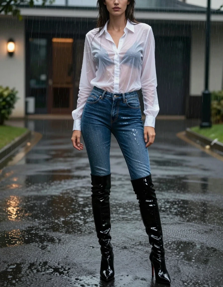 A photorealistic full-body shot of a young adult European woman standing in a hotel driveway during a heavy rainstorm. She is wearing a sheer white button-down shirt that is completely saturated, clinging tightly to her skin and revealing textures beneath. Her legs are clad in soaking-wet blue denim jeans, water-saturated heavyweight denim, blue changed to deep navy and indigo, substantially darker unevenly soaked patches, absorbed water, heavy wet folds, visible weave and stitching, and strong glossy specular reflections on the raised weave, seams, and creases. She wears sleek black thigh-high stiletto boots that glisten with water. The environment is a dimly lit hotel driveway at night, with rain streaks falling through the air and reflections of ambient light on the wet asphalt. The image is captured with high-fidelity photographic detail, sharp focus on fabric textures, realistic skin tone, and natural anatomy. The scene is strictly non-suggestive, maintaining a high-fashion editorial aesthetic, avoiding all nudity, lingerie, provocative poses, illustrations, cartoons, low quality, distortion, or extra limbs.