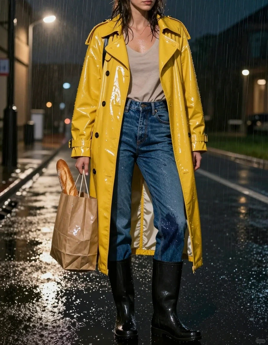 A photorealistic low-angle cinematic shot of a young adult European woman standing in an illuminated hotel driveway at night during a heavy rainstorm. She is wearing an oversized lemon-yellow vinyl trench coat that is dripping wet with high-gloss reflections, layered over fitted dark indigo denim jeans, soaking-wet blue denim jeans, water-saturated heavyweight denim, blue changed to deep navy and indigo, substantially darker unevenly soaked patches, absorbed water, heavy wet folds, visible weave and stitching, and strong glossy specular reflections on the raised weave, seams, and creases. She is wearing black rubber rain boots with a high-gloss finish. She is clutching a dripping paper grocery bag with a fresh baguette peeking out. The scene features atmospheric moody lighting with raindrops reflecting bright streetlights on the wet pavement. Ultra-realistic texture, sharp focus, high-fidelity detail, cinematic composition.
