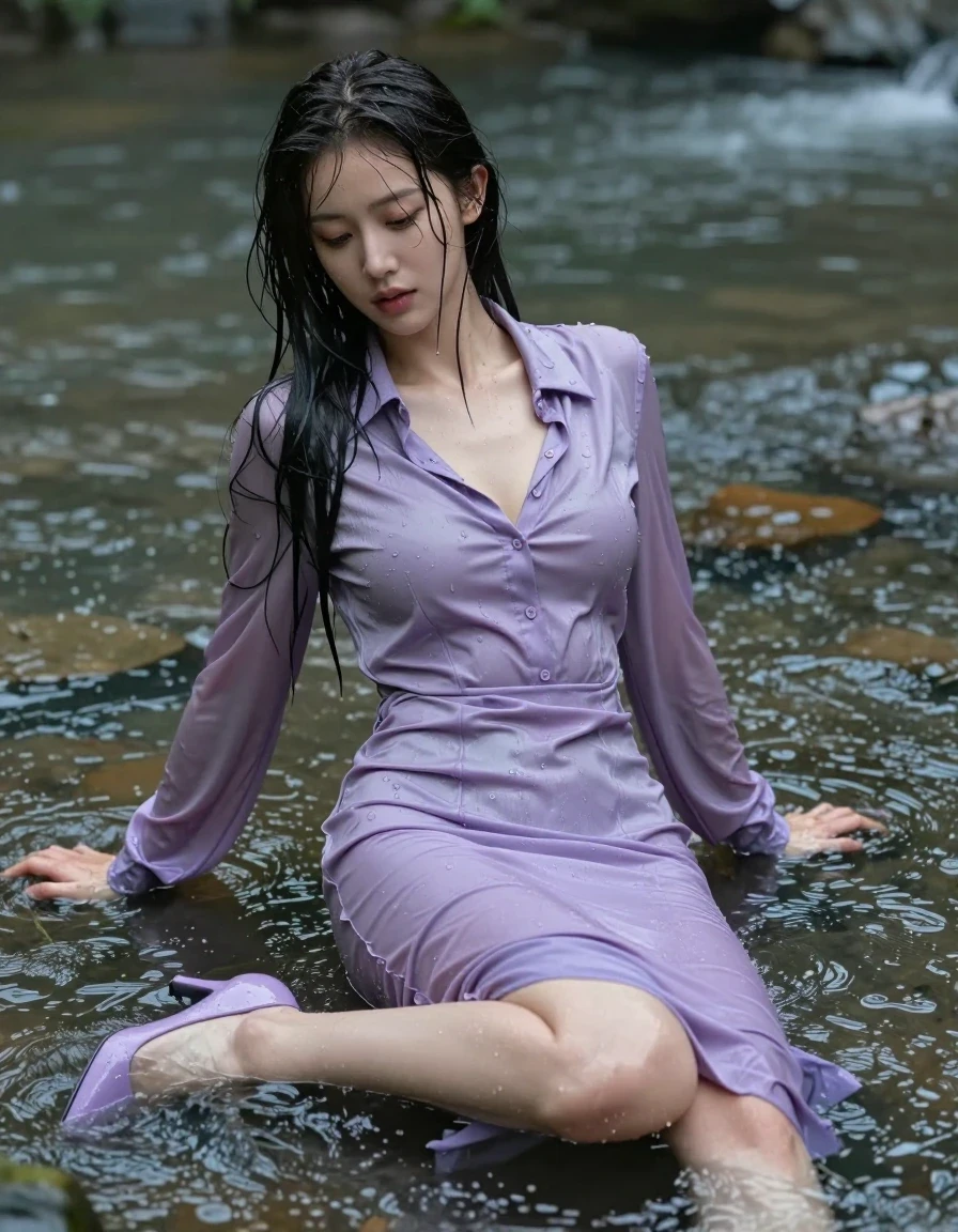 photo of young woman, in soaking wet, drenched clothes,
pumps, light purple tight long dress, silk, shiny light purple shirtdress , long blouse, river, rain, 
enjoying, wet clothes stuck to body,
detailed textures of the wet clothes, wet face, wet plastered hair,
wet, drenched, professional, high-quality details, full body view.
sharp focus, ultra-high pixel detail, realistic, high-quality, full colors, incredibly detailed, 4k, 8k, 16k, hyper-realistic, RAW photo, masterpiece, ultra-detailed, professionally color graded, professional photograph, collar, long sleeves, long blouse, unbuttoned, 
clinging wet hair, long hair, drenched, dripping wet, complete submerged, full body, lying, wet skin, wet clothes, damp fabric