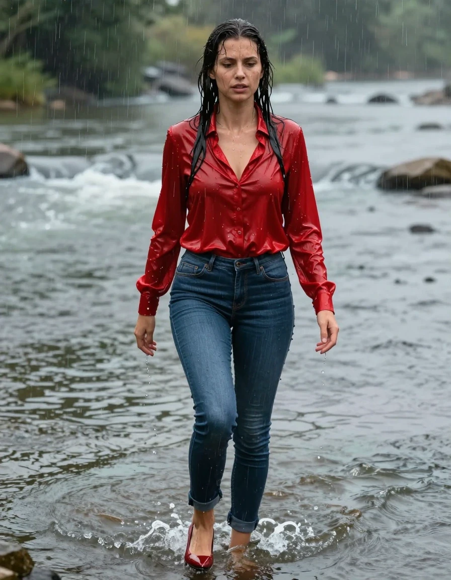 photo of young woman, in soaking wet, drenched clothes,
pumps, tight long jeans skirt, shiny light red blouse , long blouse, river, rain, 
enjoying, wet clothes stuck to body,
detailed textures of the wet clothes, wet face, wet plastered hair,
wet, drenched, professional, high-quality details, full body view.
sharp focus, ultra-high pixel detail, realistic, high-quality, full colors, incredibly detailed, 4k, 8k, 16k, hyper-realistic, RAW photo, masterpiece, ultra-detailed, professionally color graded, professional photograph, collar, long sleeves, long blouse, unbuttoned, 
wet hair, long hair, drenched, dripping wet, submerged, full body, wet skin, wet clothes, damp fabric