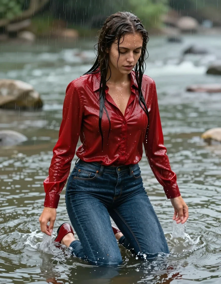 photo of young woman, in soaking wet, drenched clothes,
pumps, tight long jeans skirt, shiny light red blouse , long blouse, river, rain, 
enjoying, wet clothes stuck to body,
detailed textures of the wet clothes, wet face, wet plastered hair,
wet, drenched, professional, high-quality details, full body view.
sharp focus, ultra-high pixel detail, realistic, high-quality, full colors, incredibly detailed, 4k, 8k, 16k, hyper-realistic, RAW photo, masterpiece, ultra-detailed, professionally color graded, professional photograph, collar, long sleeves, long blouse, unbuttoned, 
wet hair, long hair, drenched, dripping wet, submerged, full body, wet skin, wet clothes, damp fabric