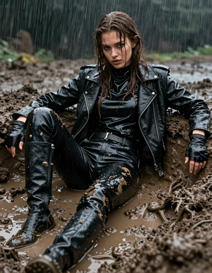 A young European woman with long, dripping wet brown hair, posing while relaxing in a mud pit during a heavy rainstorm. She is fully clothed, wearing an oversize black vinyl polar neck shirt, black vinyl pants, a black biker leather jacket, black leather knee-high boots, and leather gloves on both hands. The clothing is heavily drenched, with the vinyl and leather surfaces exhibiting intense water sheen, clinging to her form, and covered in thick, dark mud splatters. Her skin is glistening with rain and mud, with water cascading down her face and hair. The fabric of the vinyl and leather items shows deep, dark saturated tones, heavy wet folds, and strong specular reflections from the downpour. The environment is a dark, churning mud pit, with heavy rain visible in the air, creating a moody, atmospheric, and highly textured scene. The composition is a medium shot, capturing the visceral, mud-covered, wet-look aesthetic with high-contrast lighting, sharp focus on the textures of the damp fabric and skin, and photorealistic detail. No nudity.