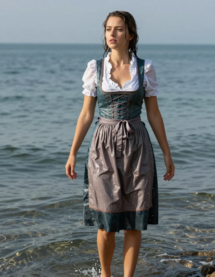 photo of young woman, in soaking wet, drenched clothes,
heels, long skirt, dirndl, sea, 
enjoying, wet clothes stuck to body,
detailed textures of the wet clothes, wet face, wet plastered hair,
wet, drenched, professional, high-quality details, full body view.
sharp focus, ultra-high pixel detail, realistic, high-quality, full colors, incredibly detailed, 4k, 8k, 16k, hyper-realistic, RAW photo, masterpiece, ultra-detailed, professionally color graded, professional photograph, wet skin, wet clothes, damp fabric