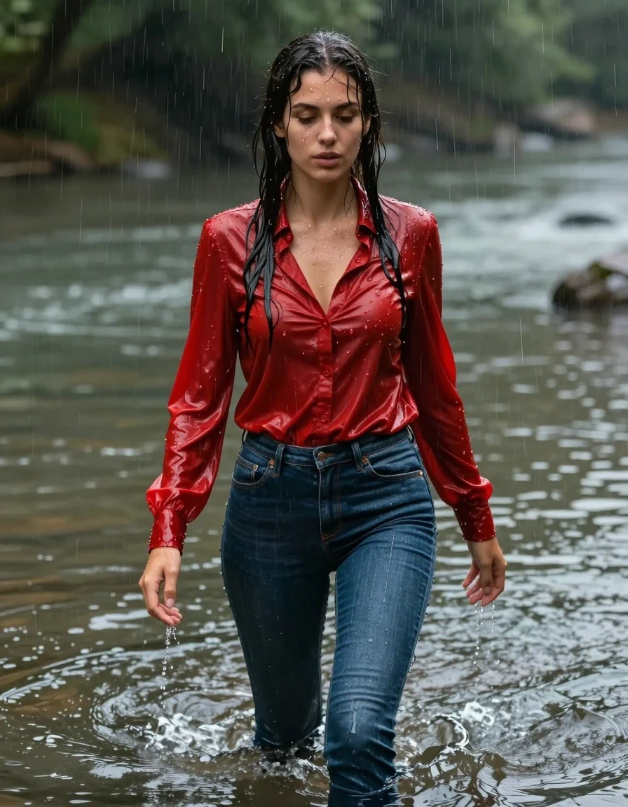 photo of young woman, in soaking wet, drenched clothes,
pumps, tight long jeans skirt, shiny light red blouse , long blouse, river, rain, 
enjoying, wet clothes stuck to body,
detailed textures of the wet clothes, wet face, wet plastered hair,
wet, drenched, professional, high-quality details, full body view.
sharp focus, ultra-high pixel detail, realistic, high-quality, full colors, incredibly detailed, 4k, 8k, 16k, hyper-realistic, RAW photo, masterpiece, ultra-detailed, professionally color graded, professional photograph, collar, long sleeves, long blouse, unbuttoned, 
wet hair, long hair, drenched, dripping wet, submerged, full body, wet skin, wet clothes, damp fabric