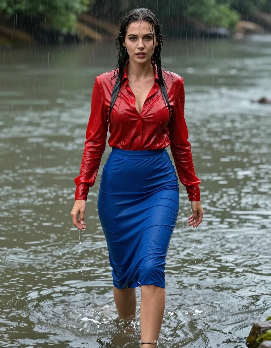 photo of young woman, in soaking wet, drenched clothes,
pumps, blue tight long dress, shiny light red blouse , long blouse, river, rain, 
enjoying, wet clothes stuck to body,
detailed textures of the wet clothes, wet face, wet plastered hair,
wet, drenched, professional, high-quality details, full body view.
sharp focus, ultra-high pixel detail, realistic, high-quality, full colors, incredibly detailed, 4k, 8k, 16k, hyper-realistic, RAW photo, masterpiece, ultra-detailed, professionally color graded, professional photograph, collar, long sleeves, long blouse, unbuttoned, 
wet hair, long hair, drenched, dripping wet, submerged, full body, wet skin, wet clothes, damp fabric