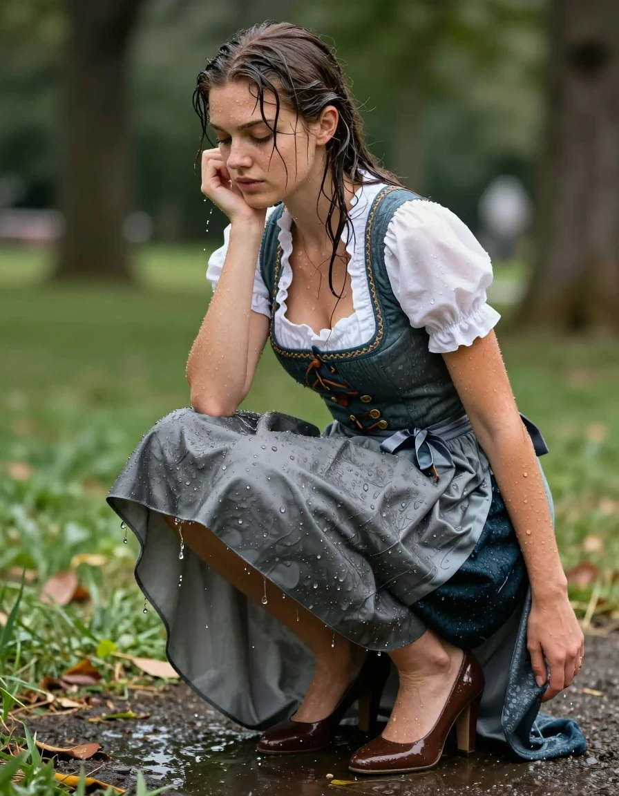 photo of young woman, in soaking wet, drenched clothes,
heels, long skirt, dirndl, park, 
enjoying, wet clothes stuck to body,
detailed textures of the wet clothes, wet face, wet plastered hair,
wet, drenched, professional, high-quality details, full body view.
sharp focus, ultra-high pixel detail, realistic, high-quality, full colors, incredibly detailed, 4k, 8k, 16k, hyper-realistic, RAW photo, masterpiece, ultra-detailed, professionally color graded, professional photograph, wet skin, wet clothes, damp fabric