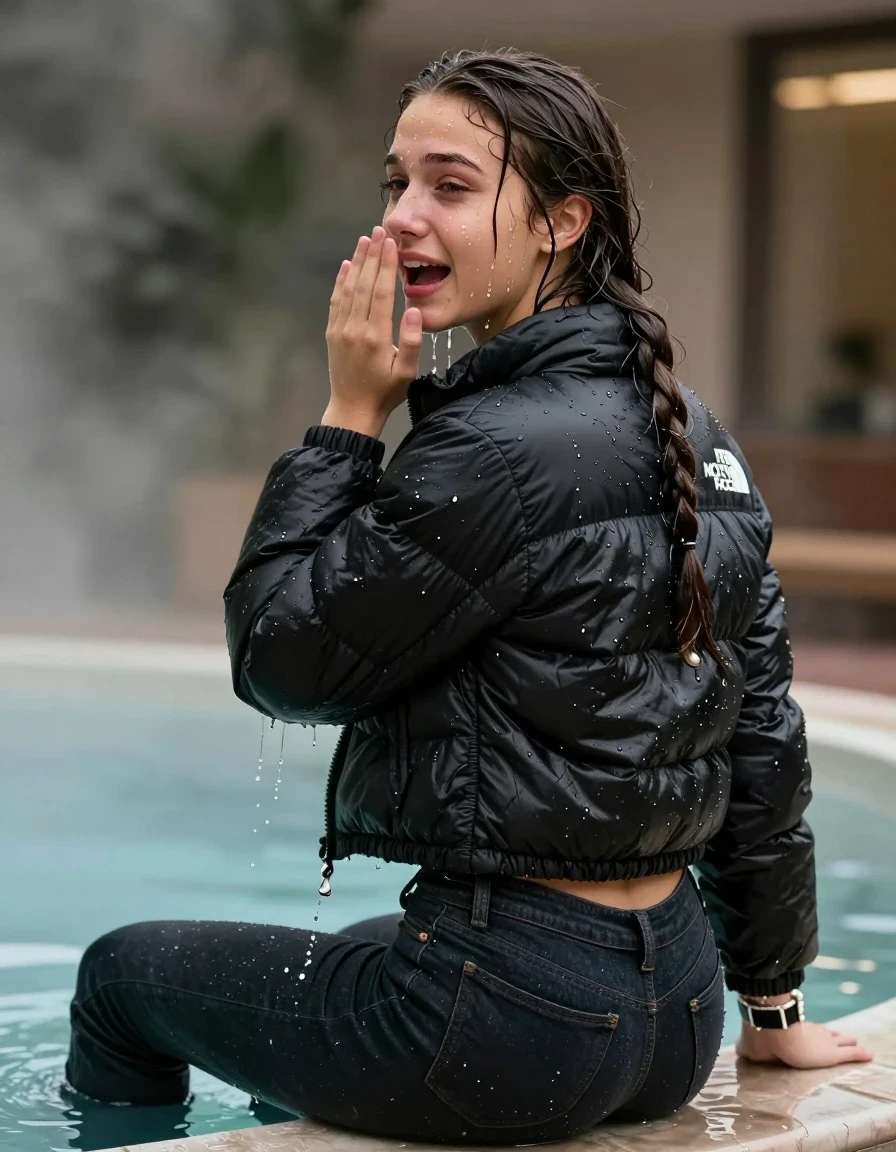 photo of young woman, in soaking wet, drenched clothes,
, Dark levis skinny jeans, Black North face puffer down jacket, Open jacket, tight v-neck sweater belly free, shoulderbag, pearl necklace, bracelet, wristwatch, Steaming indoor jacuzzi , 
enjoying, wet clothes stuck to body,
detailed textures of the wet clothes, wet face, wet plastered hair,
wet, drenched, professional, high-quality details, full body view.
sharp focus, ultra-high pixel detail, realistic, high-quality, full colors, incredibly detailed, 4k, 8k, 16k, hyper-realistic, RAW photo, masterpiece, ultra-detailed, professionally color graded, professional photograph, A realistic vertical fashion photograph taken from a backward, behind-the-back angle of a 15-year-old teenage girl sitting in a steaming indoor jacuzzi, facing away from the camera to show her back. She is tilting her head at camera, letting the water drench her hair so it is glued flat against her head and body. She has pigtails, completely saturated and dripping wet hair, with water cascading down her face and neck, crying and astonished expression. She hold her flat hand in front of her mouth. The lighting is bright and cinematic, highlighting the glistening water droplets on her skin and the saturated texture of her  casual clothes.  Open mouth, half closed eyes. 
her clothing is soaking wet and clinging tightly to her skin, showing heavy wet folds, darkened fabric texture, and deep water-saturated Patches, her clothes are heavy from the water, water runs from her body and her clothes in streams. A lot of water also runs out of her clothes. Her clothes are darkened by the water. 
hyper-realistic wetness, high-contrast water sheen, sharp focus, 16k resolution, professional photography, realistic water physics., wet skin, wet clothes, damp fabric, wet skin, wet clothes, damp fabric, wet skin, wet clothes, damp fabric, wet skin, wet clothes, damp fabric, wet skin, wet clothes, damp fabric, wet skin, wet clothes, damp fabric, wet skin, wet clothes, damp fabric, wet skin, wet clothes, damp fabric, wet skin, wet clothes, damp fabric