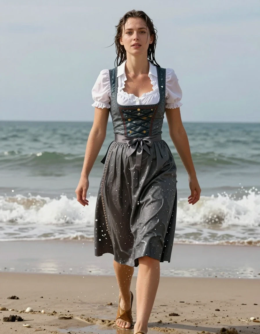 photo of young woman, in soaking wet, drenched clothes,
heels, long skirt, dirndl, beach, 
enjoying, wet clothes stuck to body,
detailed textures of the wet clothes, wet face, wet plastered hair,
wet, drenched, professional, high-quality details, full body view.
sharp focus, ultra-high pixel detail, realistic, high-quality, full colors, incredibly detailed, 4k, 8k, 16k, hyper-realistic, RAW photo, masterpiece, ultra-detailed, professionally color graded, professional photograph, wet skin, wet clothes, damp fabric
