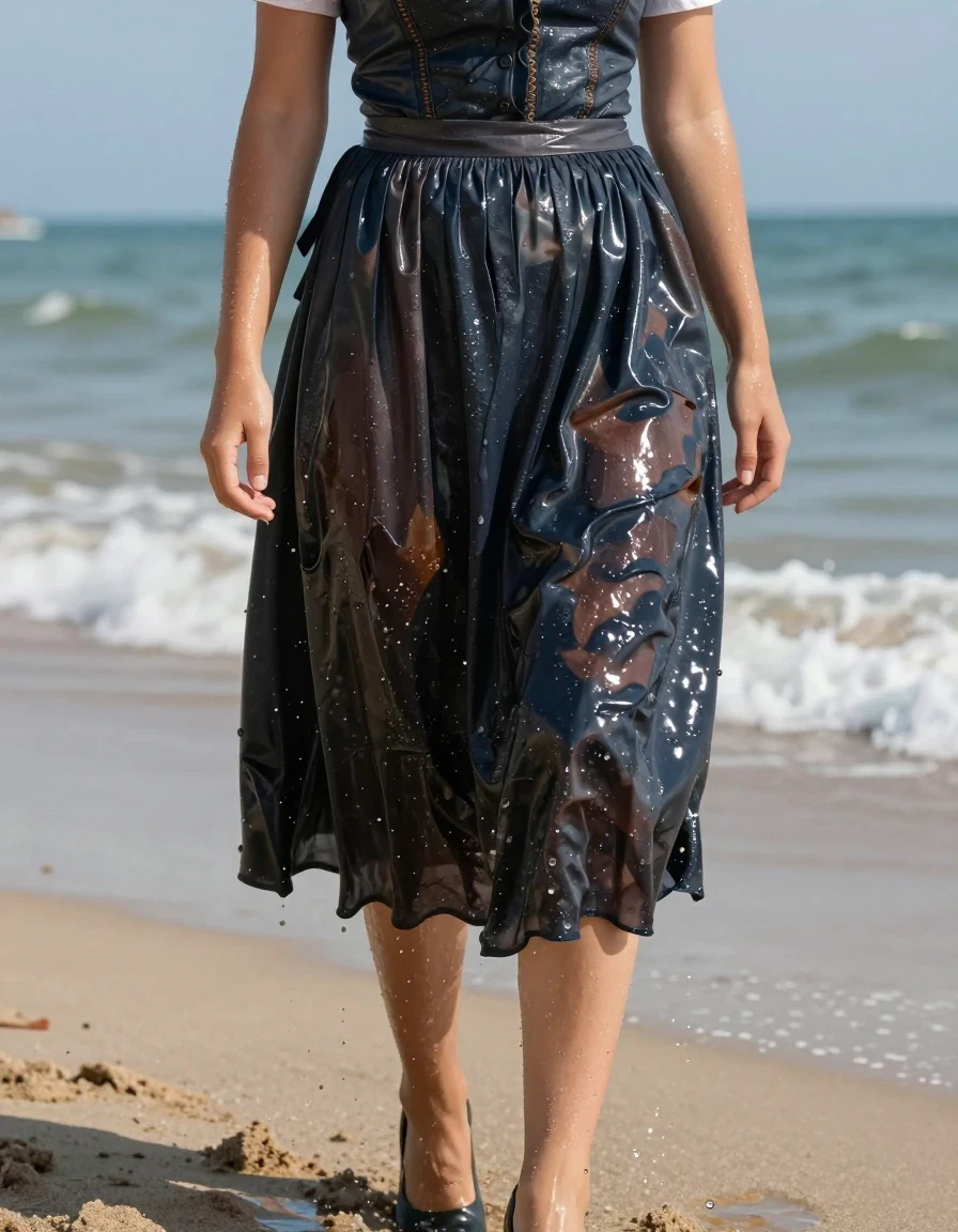 A stunning young adult European woman standing on a sun-drenched beach, her skin and hair glistening with realistic wetness and ocean spray. She is wearing a traditional dirndl with a long skirt that is soaking wet, the fabric heavy, darkened, and clinging to her legs with deep, water-saturated folds and textures. The wet fabric exhibits a glossy sheen and uneven patches of deep color saturation. She is wearing high-heeled shoes that are partially submerged in wet sand. The lighting is bright and natural, highlighting the water droplets on her skin and the translucent, clinging quality of the sodden skirt against her form. Photorealistic, 8k resolution, cinematic composition, sharp focus on the textures of the wet fabric and skin, vibrant beach environment with soft waves in the background.
