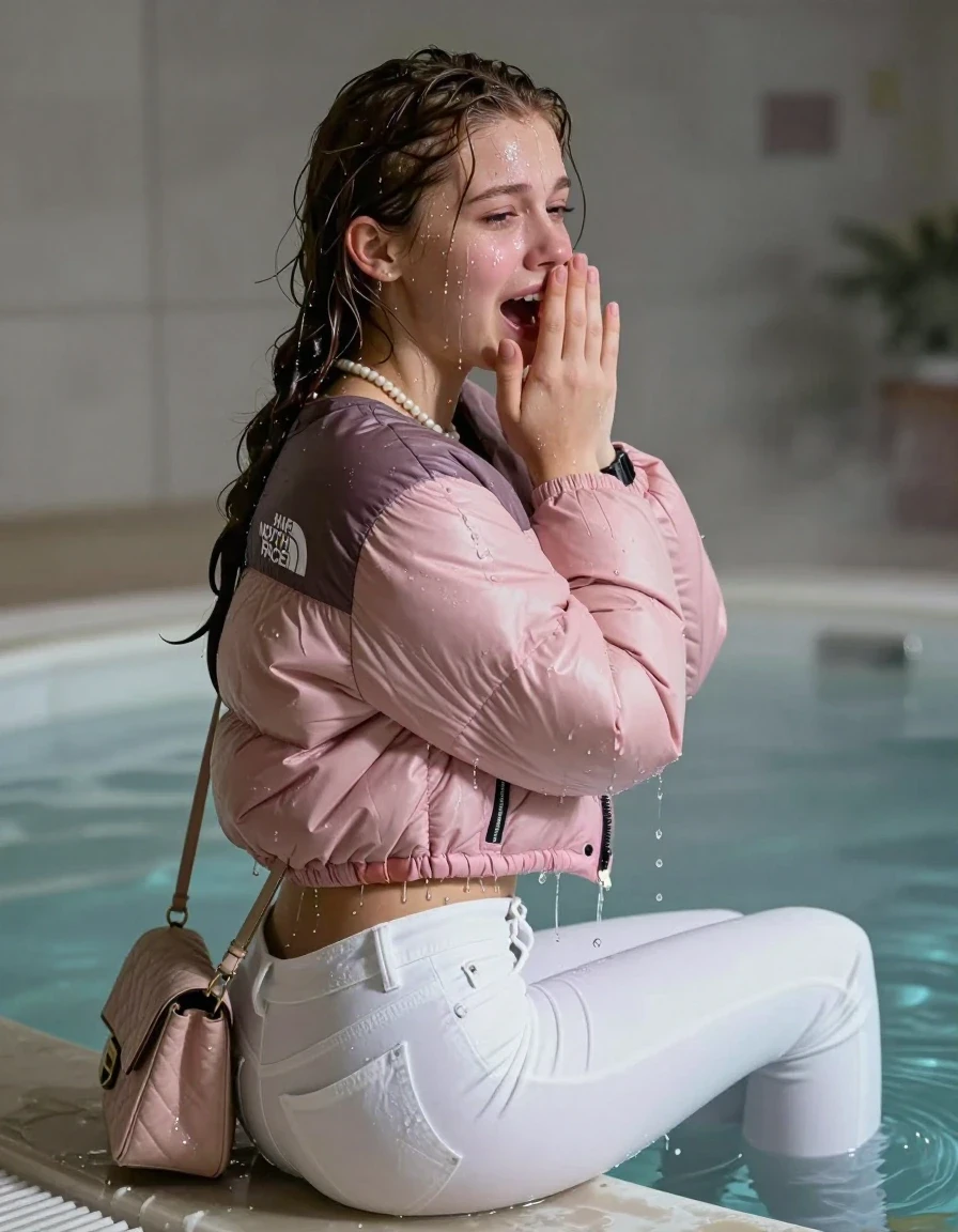 photo of young woman, in soaking wet, drenched clothes,
, White levis skinny jeans, Pink North face puffer down jacket, Open jacket, tight v-neck sweater belly free, shoulderbag, pearl necklace, bracelet, wristwatch, Steaming indoor jacuzzi , 
enjoying, wet clothes stuck to body,
detailed textures of the wet clothes, wet face, wet plastered hair,
wet, drenched, professional, high-quality details, full body view.
sharp focus, ultra-high pixel detail, realistic, high-quality, full colors, incredibly detailed, 4k, 8k, 16k, hyper-realistic, RAW photo, masterpiece, ultra-detailed, professionally color graded, professional photograph, A realistic vertical fashion photograph taken from a backward, behind-the-back angle of a 15-year-old teenage girl sitting in a steaming indoor jacuzzi, facing away from the camera to show her back. She holds her hands over mouth and nose. She is tilting her head at camera, letting the water drench her hair so it is glued flat against her head and body. She has dark auburn pigtails, completely saturated and dripping wet hair, with water cascading down her face and neck, crying and astonished expression. The lighting is bright and cinematic, highlighting the glistening water droplets on her skin and the saturated texture of her  casual clothes.  Open mouth, half closed eyes. 
her clothing is soaking wet and clinging tightly to her skin, showing heavy wet folds, darkened fabric texture, and deep water-saturated Patches, her clothes are heavy from the water, water runs from her body and her clothes in streams. A lot of water also runs out of her clothes. Her clothes are darkened by the water. 
hyper-realistic wetness, high-contrast water sheen, sharp focus, 16k resolution, professional photography, realistic water physics., wet skin, wet clothes, damp fabric, wet skin, wet clothes, damp fabric, wet skin, wet clothes, damp fabric, wet skin, wet clothes, damp fabric, wet skin, wet clothes, damp fabric, wet skin, wet clothes, damp fabric, wet skin, wet clothes, damp fabric, wet skin, wet clothes, damp fabric, wet skin, wet clothes, damp fabric, wet skin, wet clothes, damp fabric, wet skin, wet clothes, damp fabric