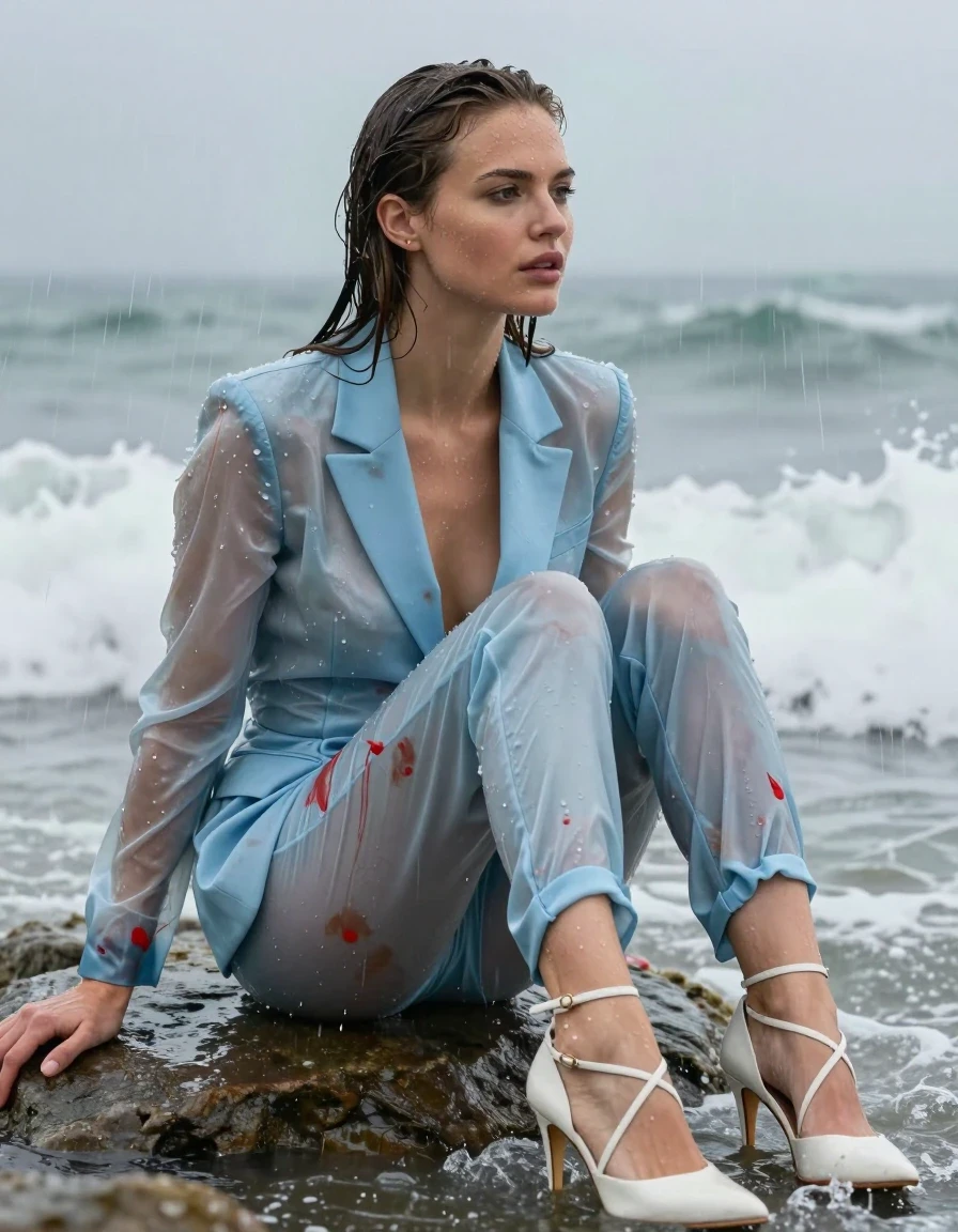 photo of young woman, in soaking wet, drenched clothes,
Strappy white stilettos , Dirty pale blue satin business suit covered in red in paint , See through jacket , Sitting in surf , 
enjoying, wet clothes stuck to body,
detailed textures of the wet clothes, wet face, wet plastered hair,
wet, drenched, professional, high-quality details, full body view.
sharp focus, ultra-high pixel detail, realistic, high-quality, full colors, incredibly detailed, 4k, 8k, 16k, hyper-realistic, RAW photo, masterpiece, ultra-detailed, professionally color graded, professional photograph, Abba, in a downpour, wet skin, wet clothes, damp fabric