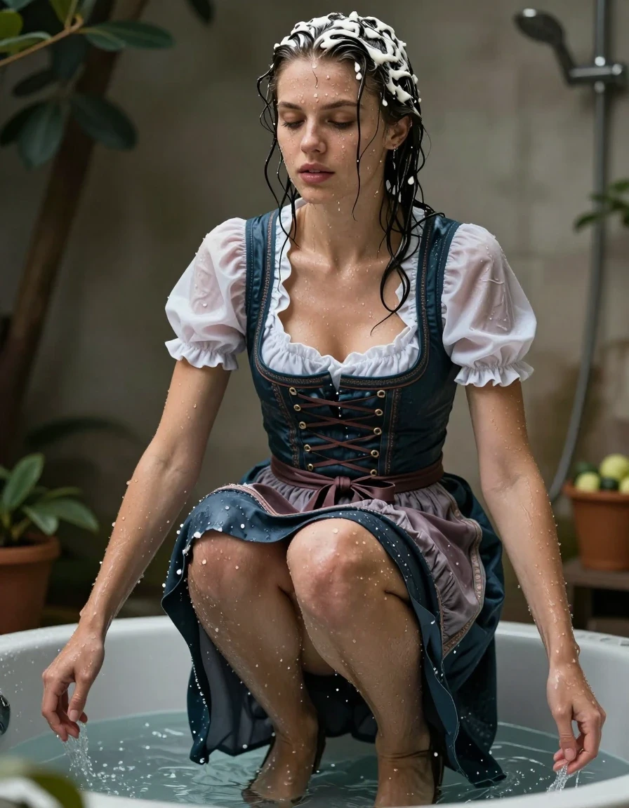 photo of young woman, in soaking wet, drenched clothes,
heels, long skirt, dirndl, bath, 
enjoying, wet clothes stuck to body,
detailed textures of the wet clothes, wet face, wet plastered hair,
wet, drenched, professional, high-quality details, full body view.
sharp focus, ultra-high pixel detail, realistic, high-quality, full colors, incredibly detailed, 4k, 8k, 16k, hyper-realistic, RAW photo, masterpiece, ultra-detailed, professionally color graded, professional photograph, wet skin, wet clothes, damp fabric