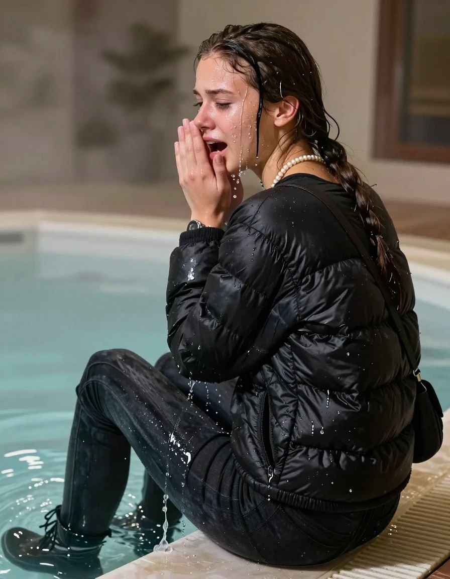 photo of young woman, in soaking wet, drenched clothes,
Ankle boots, Dark skinny jeans, Black North face puffer down jacket, Open jacket, tight v-neck sweater belly free, shoulderbag, pearl necklace, bracelet, wristwatch, Steaming indoor jacuzzi , 
enjoying, wet clothes stuck to body,
detailed textures of the wet clothes, wet face, wet plastered hair,
wet, drenched, professional, high-quality details, full body view.
sharp focus, ultra-high pixel detail, realistic, high-quality, full colors, incredibly detailed, 4k, 8k, 16k, hyper-realistic, RAW photo, masterpiece, ultra-detailed, professionally color graded, professional photograph, A realistic vertical fashion photograph taken from a backward, behind-the-back angle of a 15-year-old teenage girl sitting in a steaming indoor jacuzzi, facing away from the camera to show her back. She is tilting her head at camera, letting the water drench her hair so it is glued flat against her head and body. She has pigtails, completely saturated and dripping wet hair, with water cascading down her face and neck, crying and astonished expression. She hold her flat hand in front of her mouth. The lighting is bright and cinematic, highlighting the glistening water droplets on her skin and the saturated texture of her  casual clothes.  Open mouth, half closed eyes. 
her clothing is soaking wet and clinging tightly to her skin, showing heavy wet folds, darkened fabric texture, and deep water-saturated Patches, her clothes are heavy from the water, water runs from her body and her clothes in streams. A lot of water also runs out of her clothes. Her clothes are darkened by the water. 
hyper-realistic wetness, high-contrast water sheen, sharp focus, 16k resolution, professional photography, realistic water physics., wet skin, wet clothes, damp fabric, wet skin, wet clothes, damp fabric, wet skin, wet clothes, damp fabric, wet skin, wet clothes, damp fabric, wet skin, wet clothes, damp fabric, wet skin, wet clothes, damp fabric, wet skin, wet clothes, damp fabric, wet skin, wet clothes, damp fabric, wet skin, wet clothes, damp fabric