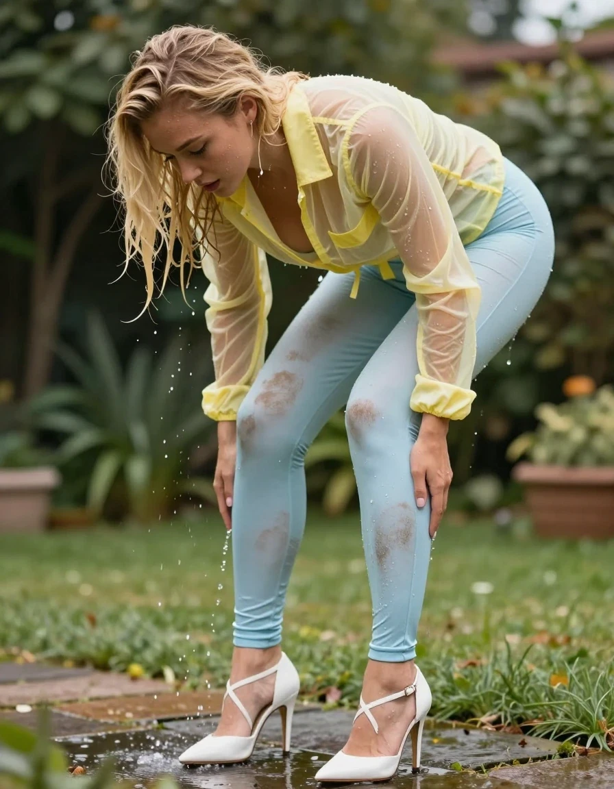 photo of young woman, in soaking wet, drenched clothes,
Strappy white stilettos, Dirty pale blue satin leggings , See-through yellow jacket , Standing in the garden , 
enjoying, wet clothes stuck to body,
detailed textures of the wet clothes, wet face, wet plastered hair,
wet, drenched, professional, high-quality details, full body view.
sharp focus, ultra-high pixel detail, realistic, high-quality, full colors, incredibly detailed, 4k, 8k, 16k, hyper-realistic, RAW photo, masterpiece, ultra-detailed, professionally color graded, professional photograph, Blonde. Peeing in her leggings to make them wet, wet skin, wet clothes, damp fabric