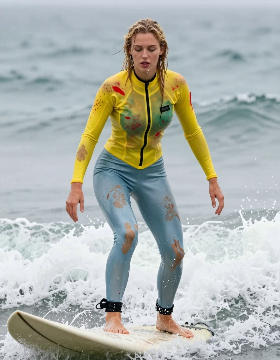 photo of young woman, in soaking wet, drenched clothes,
black high heels , Dirty pale blue satin leggings covered in paint , See-through yellow ski jacket covered in red paint , Surf, 
enjoying, wet clothes stuck to body,
detailed textures of the wet clothes, wet face, wet plastered hair,
wet, drenched, professional, high-quality details, full body view.
sharp focus, ultra-high pixel detail, realistic, high-quality, full colors, incredibly detailed, 4k, 8k, 16k, hyper-realistic, RAW photo, masterpiece, ultra-detailed, professionally color graded, professional photograph, Blonde, in a downpour, wet skin, wet clothes, damp fabric