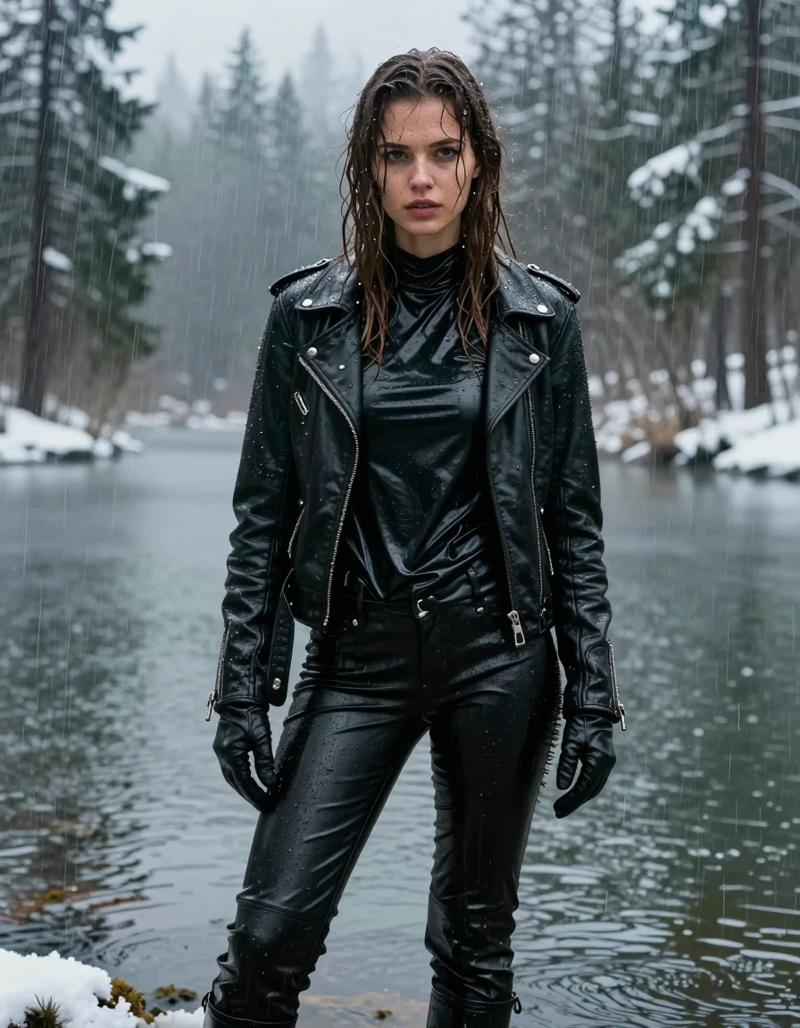 A photorealistic medium shot of a young adult European woman with long, dripping wet brown hair, standing in a lake within a snow-covered forest during heavy, torrential rain. She is drenched, with her skin glistening and slick from the downpour and mud splatters coating her face and limbs. She is dressed in an oversize black vinyl polar neck shirt that clings to her frame, layered under a rugged black biker's leather jacket, with black vinyl pants and black leather knee-high boots. She wears black leather gloves on both hands. The garments are heavily saturated, featuring deep sheen, water-beaded surfaces, and heavy folds. The environment is dark and atmospheric, with snow-dusted trees surrounding the lake, misty air, and dramatic, moody lighting reflecting off the wet surfaces. The image is rendered with high-fidelity textures, sharp focus on the wet fabric and skin, and cinematic composition, ensuring no nudity is depicted.