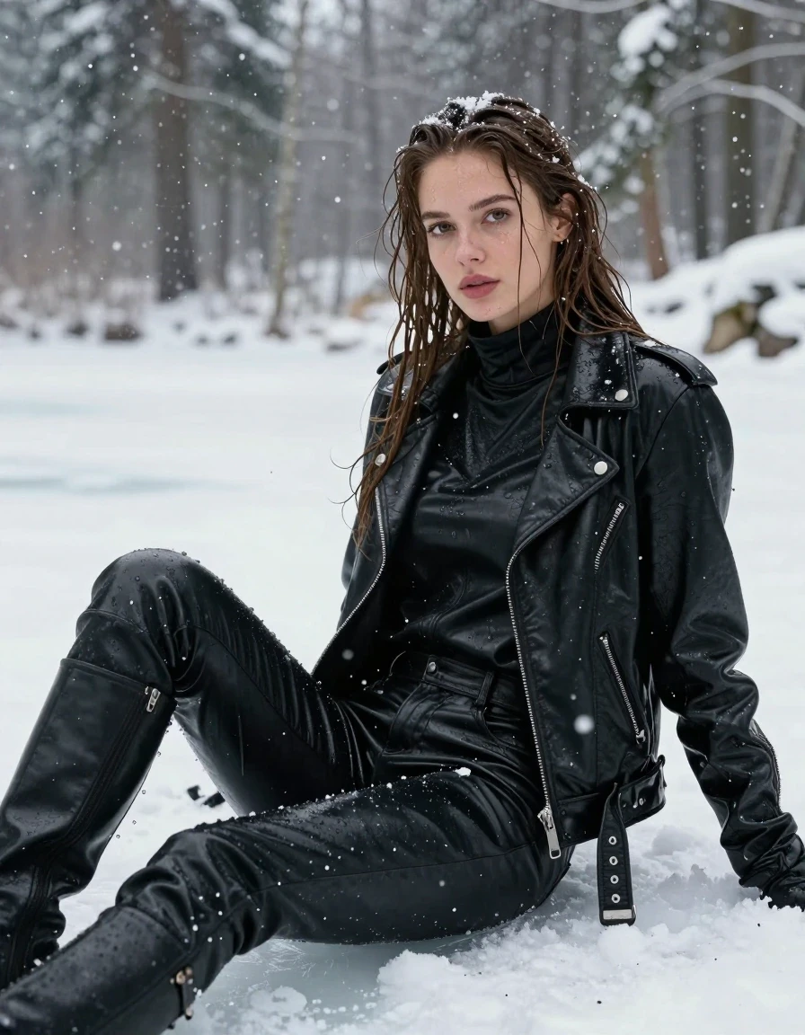 A photorealistic medium shot of a young adult European woman with long, dripping wet brown hair, sitting and relaxing in a freezing lake surrounded by a dense, snow-covered forest during a heavy snowfall. The woman has glistening wet skin and is wearing an oversize black leather polar neck shirt, a heavy black bikers leather jacket, black leather pants, black leather knee-high boots, and leather gloves on both hands. All leather garments are visibly soaked, with water sheen, darkened tones, and heavy, clinging folds caused by the immersion. The fabric texture shows visible water absorption, glossy specular reflections on the surface of the leather, and droplets clinging to the material. The scene is captured with sharp focus, emphasizing the contrast between the dark, wet leather and the pristine white snow. The atmosphere is cold and wintry, with heavy snowflakes falling around her. High-quality photographic detail, realistic skin texture, clean anatomy, fully clothed, no nudity.