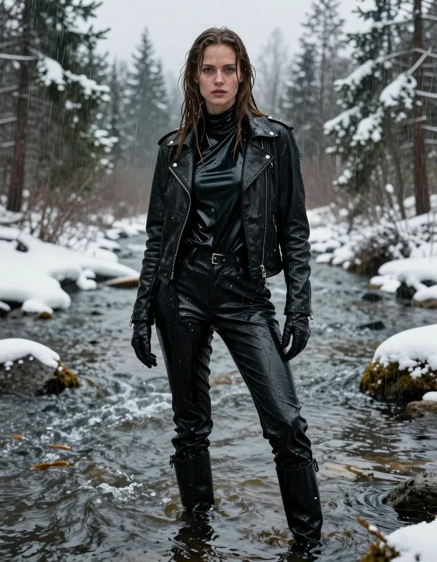 A photorealistic full-body shot of a young adult European woman with long, dripping wet brown hair, standing in a flowing river within a snow-covered forest during heavy rain. She is drenched, with water sheen on her pale, wet skin and mud splattered across her face and body. She is wearing an oversize black vinyl polar neck shirt, soaking wet and clinging to her frame, layered under a rugged black biker leather jacket. Her legs are clad in black vinyl pants, heavy with water, clinging to her skin with deep glossy reflections. She wears black leather knee-high boots and leather gloves on both hands. The scene is characterized by damp, heavy fabrics, dark soaked textures, and intense wetness. The environment features snow-covered pine trees and icy river banks under a gloomy, overcast sky. High-contrast cinematic lighting, hyper-detailed textures, 8k resolution, sharp focus on water droplets and muddy surfaces, no nudity, clean anatomy.
