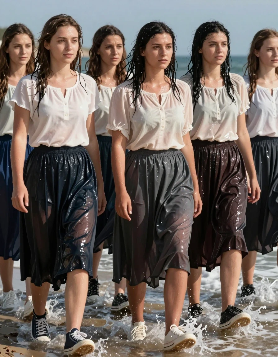 A group of young adult Jewish women standing in the shallow surf of a sunny beach. The women are dressed in modest blouses and long, traditional skirts layered over sheer pantyhose, paired with casual sneakers. The garments are heavily soaked by sea water, with the skirts clinging to their legs, fabric darkened and saturated, showing heavy wet folds and water-logged texture. Their skin is glistening with sea spray, and their hair is damp and clumped with moisture. The scene captures the group wading through the tide, with water splashing around their feet and sneakers. Photorealistic, high-resolution, natural daylight, bright coastal atmosphere, sharp focus on the wet fabric textures and glistening skin, cinematic composition.