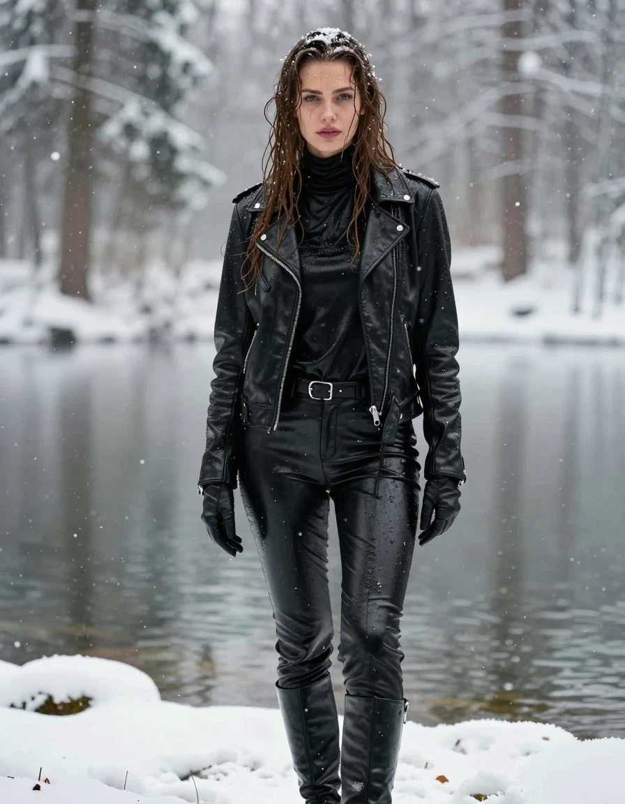 A photorealistic portrait of a young adult European woman with long dripping wet brown hair, standing in a serene lake within a snow-covered forest during a heavy snowfall. She is fully clothed, wearing an oversize black leather polar neck shirt, a black biker leather jacket, black leather pants, and black leather knee-high boots, with leather gloves on both hands. Her skin and clothing are visibly drenched, with the leather garments exhibiting a heavy, water-saturated sheen, dark soaked textures, and clinging to her form with realistic weight and deep glossy reflections from the wet surface. Her hair is matted and dripping with water, and her skin is slick with moisture. The environment is cold and wintry, with snowflakes falling onto her wet hair and shoulders. The composition is a cinematic medium shot, capturing the contrast between the dark, soaked leather and the bright, white snowy forest backdrop, high-detail textures, sharp focus, 8k resolution, professional photography, completely non-nude, fully dressed.
