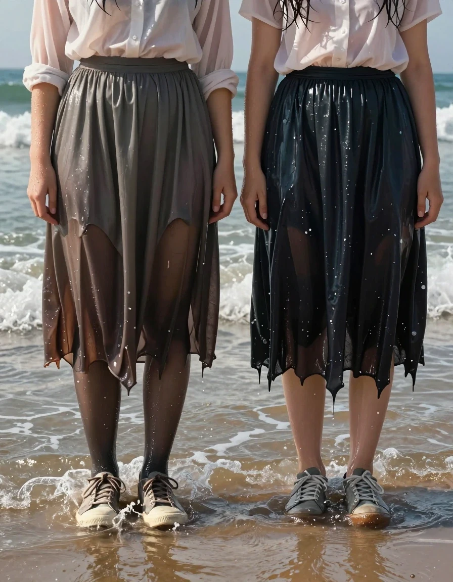 A photorealistic wide shot of two young Jewish women standing knee-deep in the shallow surf of a sunlit beach. Both women are dressed in modest attire, wearing long, flowing skirts and long-sleeved blouses. Their skirts are made of a dense, heavy fabric that is visibly soaking wet, clinging to their legs and changing color to darker, saturated tones due to the seawater, with heavy wet folds and water-heavy movement. Beneath the skirts, sheer pantyhose are visible, appearing glossy and darkened by the water, clinging tightly to their skin. They are wearing practical, lace-up sneakers that are thoroughly submerged, saturated, and dripping with seawater. The women have wet, sea-sprayed hair and glistening, damp skin. The scene captures them caught in the gentle rolling waves, with water splashing around their ankles. The lighting is bright, natural daylight, creating strong specular highlights on the wet fabric, the water surface, and their skin. High-resolution, cinematic photography, realistic textures, sharp focus, vibrant coastal atmosphere.