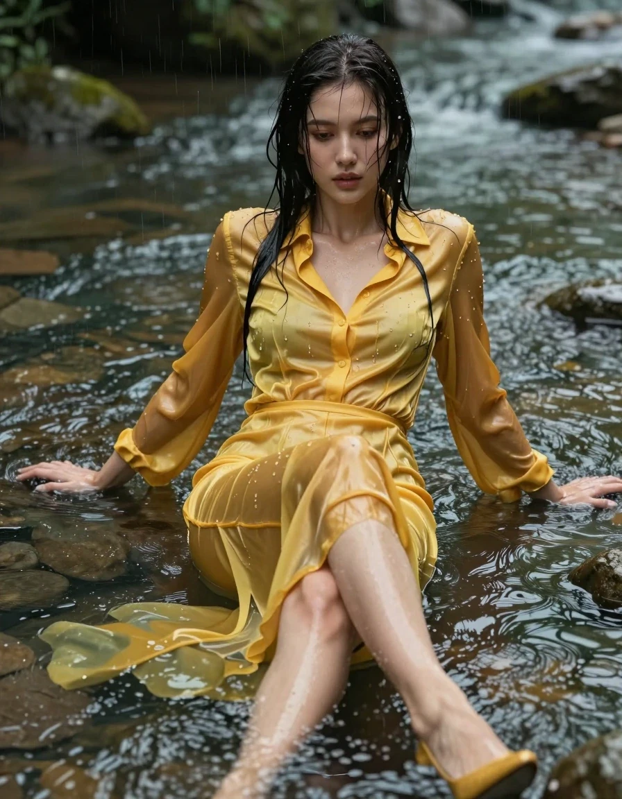 photo of young woman, in soaking wet, drenched clothes,
pumps, yellow tight long dress, silk, shiny dark yellow shirtdress , long blouse, river, rain, 
enjoying, wet clothes stuck to body,
detailed textures of the wet clothes, wet face, wet plastered hair,
wet, drenched, professional, high-quality details, full body view.
sharp focus, ultra-high pixel detail, realistic, high-quality, full colors, incredibly detailed, 4k, 8k, 16k, hyper-realistic, RAW photo, masterpiece, ultra-detailed, professionally color graded, professional photograph, collar, long sleeves, long blouse, unbuttoned, 
wet hair, long hair, drenched, dripping wet, complete submerged, full body, lying, wet skin, wet clothes, damp fabric