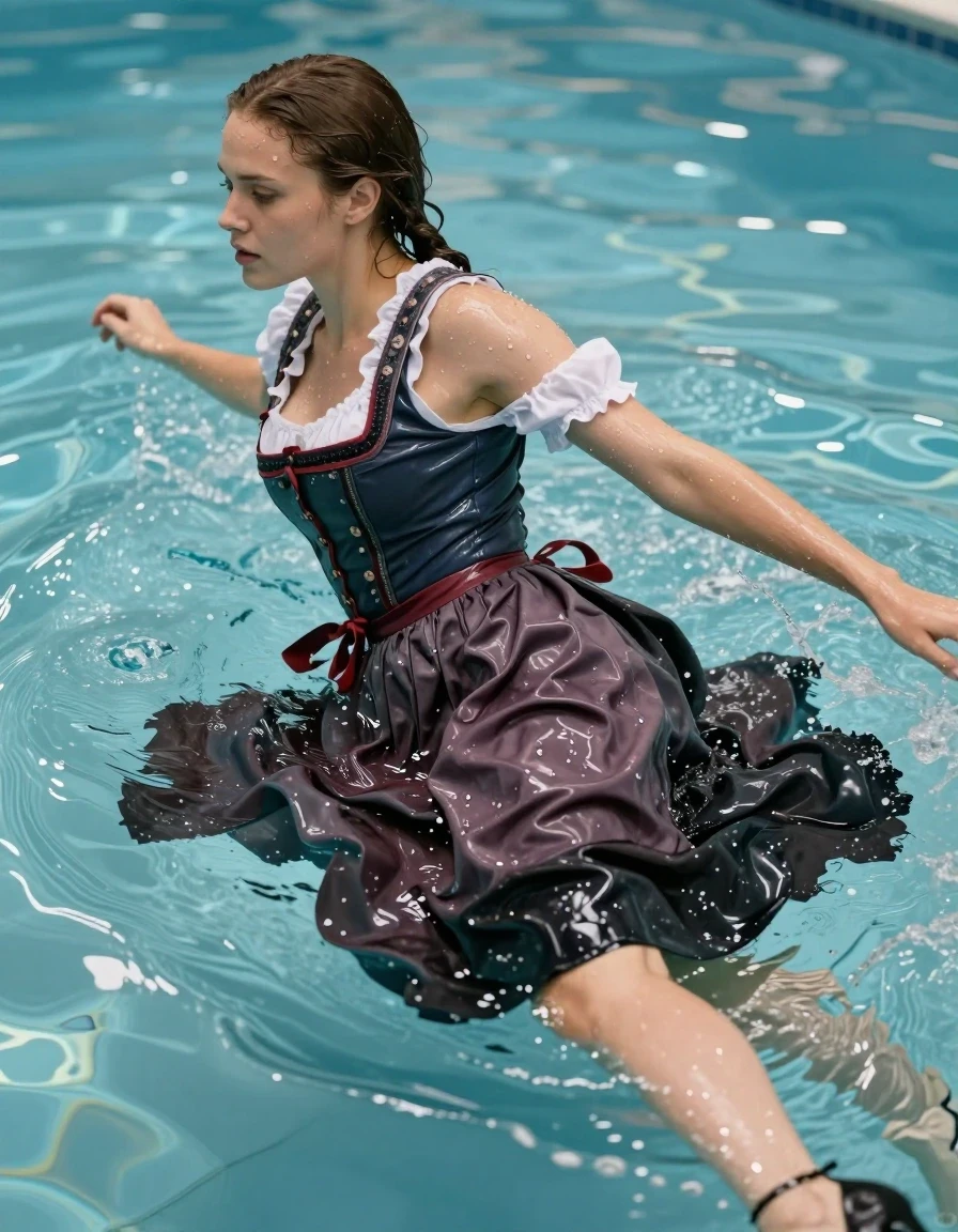 A stunning young adult European woman swimming in a pool, her skin and hair drenched with water, glistening with realistic droplets and a natural wet sheen. She is wearing a traditional dirndl with a long skirt, the fabric completely soaked, heavy with water, and clinging to her form, showcasing darkened tones and deep, saturated color variations where the material is water-saturated. The dirndl fabric displays realistic weight, clinging folds, and intricate texture changes due to the immersion. She is wearing high heels that are partially submerged, reflecting the pool light. The scene is captured with a high-speed camera, focusing on the dynamic movement of water around her, crisp details on the wet fabric, and vibrant, natural lighting reflecting off the water's surface. Photorealistic, 8k, cinematic lighting, sharp focus on the textures of wet fabric and skin.