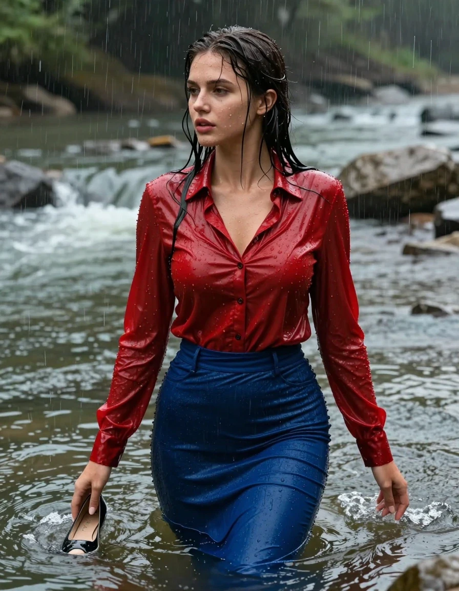 photo of young woman, in soaking wet, drenched clothes,
pumps, blue tight long dress, jeans, shiny light red blouse , long blouse, river, rain, 
enjoying, wet clothes stuck to body,
detailed textures of the wet clothes, wet face, wet plastered hair,
wet, drenched, professional, high-quality details, full body view.
sharp focus, ultra-high pixel detail, realistic, high-quality, full colors, incredibly detailed, 4k, 8k, 16k, hyper-realistic, RAW photo, masterpiece, ultra-detailed, professionally color graded, professional photograph, collar, long sleeves, long blouse, unbuttoned, 
wet hair, long hair, drenched, dripping wet, submerged, full body, wet skin, wet clothes, damp fabric