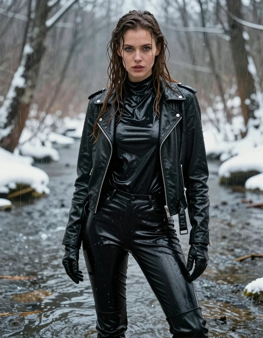 A photorealistic medium shot of a young adult European woman with long, dripping wet brown hair, standing in a river within a snow-covered forest during heavy rain. She is drenched, her skin glistening with water sheen, wearing an oversize black vinyl polar neck shirt, black vinyl pants, a black biker leather jacket, and black leather knee-high boots. She wears leather gloves on both hands. Her clothing is heavily soaked, with damp fabric clinging to her frame, showing heavy folds and wet textures. Her skin and clothes are partially splattered with mud. The scene is captured with sharp focus, highlighting the glossy, reflective surfaces of the vinyl and leather against the cold, winter environment. High-contrast cinematic lighting, 8k resolution, detailed wet skin texture, water droplets running down her face, realistic fabric weight, no nudity, fully clothed, professional photography.