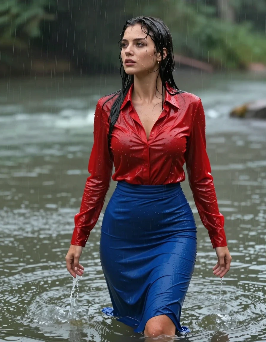 photo of young woman, in soaking wet, drenched clothes,
pumps, blue tight long dress, shiny light red blouse , long blouse, river, rain, 
enjoying, wet clothes stuck to body,
detailed textures of the wet clothes, wet face, wet plastered hair,
wet, drenched, professional, high-quality details, full body view.
sharp focus, ultra-high pixel detail, realistic, high-quality, full colors, incredibly detailed, 4k, 8k, 16k, hyper-realistic, RAW photo, masterpiece, ultra-detailed, professionally color graded, professional photograph, collar, long sleeves, long blouse, unbuttoned, 
wet hair, long hair, drenched, dripping wet, submerged, full body, wet skin, wet clothes, damp fabric