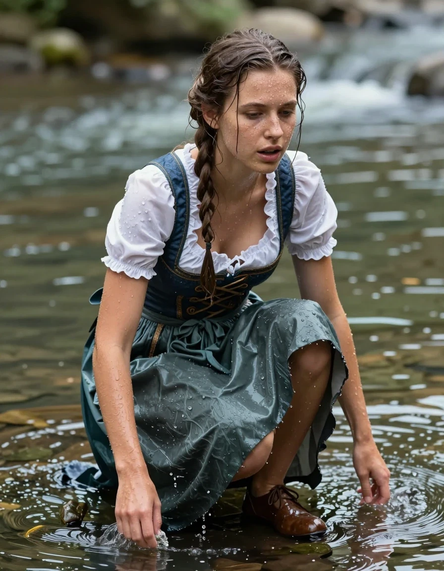 photo of young woman, in soaking wet, drenched clothes,
heels, long skirt, dirndl, river, 
enjoying, wet clothes stuck to body,
detailed textures of the wet clothes, wet face, wet plastered hair,
wet, drenched, professional, high-quality details, full body view.
sharp focus, ultra-high pixel detail, realistic, high-quality, full colors, incredibly detailed, 4k, 8k, 16k, hyper-realistic, RAW photo, masterpiece, ultra-detailed, professionally color graded, professional photograph, wet skin, wet clothes, damp fabric