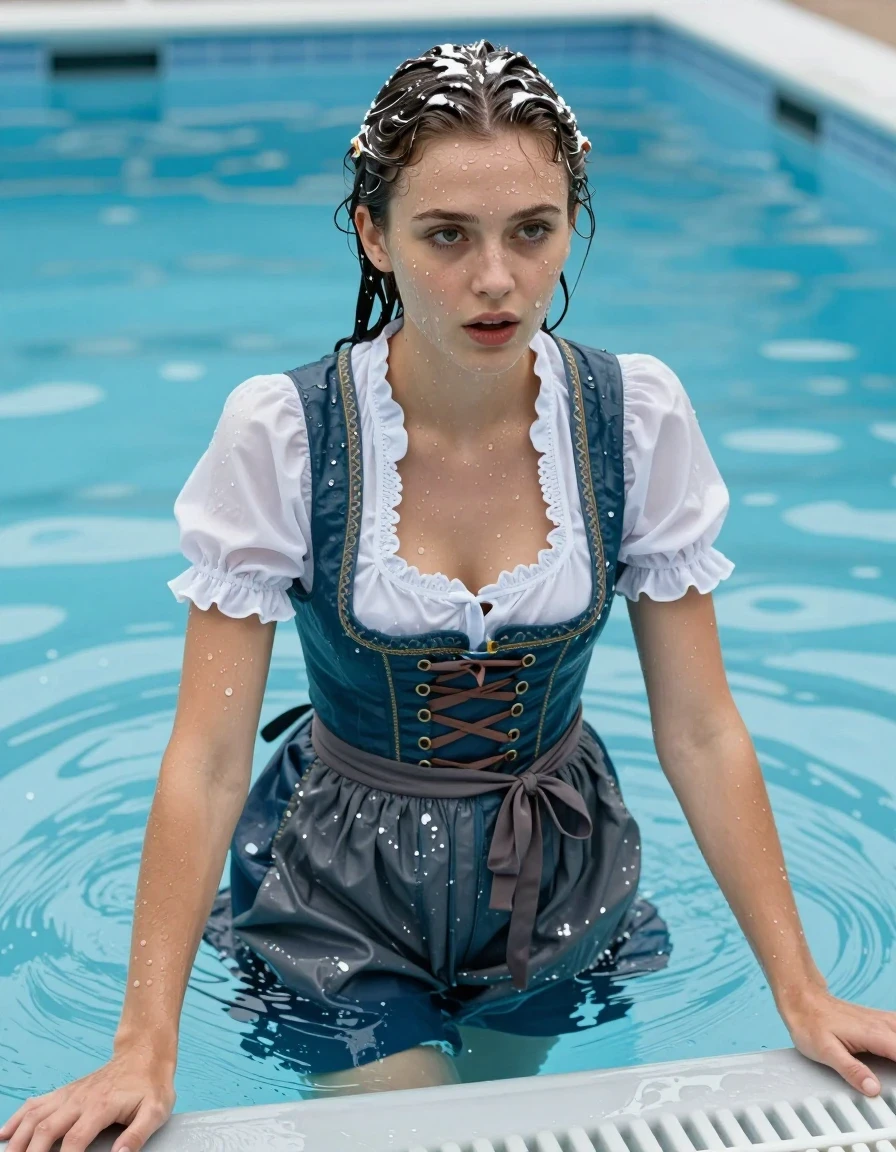 photo of young woman, in soaking wet, drenched clothes,
heels, long skirt, dirndl, pool, 
enjoying, wet clothes stuck to body,
detailed textures of the wet clothes, wet face, wet plastered hair,
wet, drenched, professional, high-quality details, full body view.
sharp focus, ultra-high pixel detail, realistic, high-quality, full colors, incredibly detailed, 4k, 8k, 16k, hyper-realistic, RAW photo, masterpiece, ultra-detailed, professionally color graded, professional photograph, wet skin, wet clothes, damp fabric