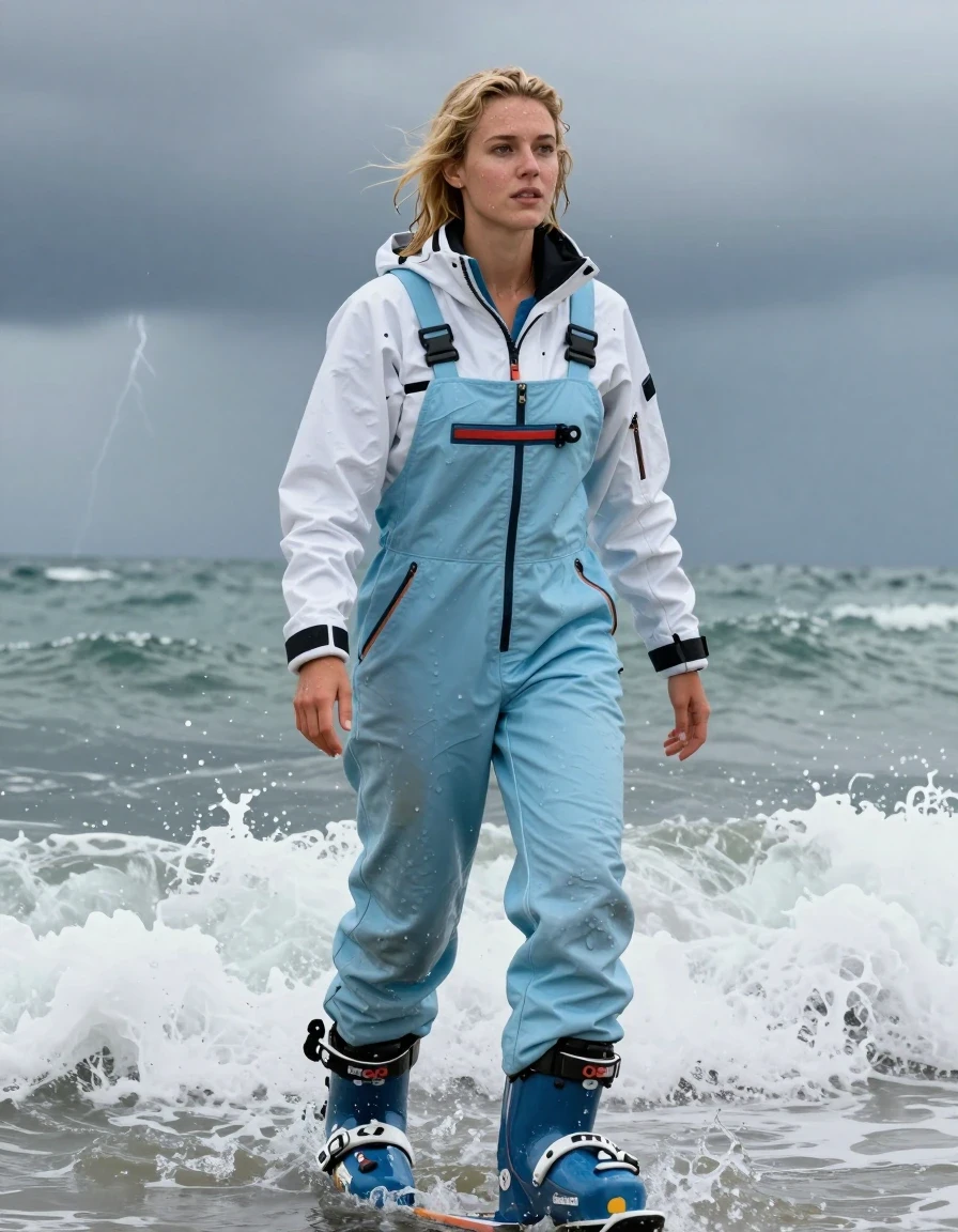 photo of young woman, in soaking wet, drenched clothes,
Ski boots, Pale blue salopettes, White ski jacket , Standing in the surf, 
enjoying, wet clothes stuck to body,
detailed textures of the wet clothes, wet face, wet plastered hair,
wet, drenched, professional, high-quality details, full body view.
sharp focus, ultra-high pixel detail, realistic, high-quality, full colors, incredibly detailed, 4k, 8k, 16k, hyper-realistic, RAW photo, masterpiece, ultra-detailed, professionally color graded, professional photograph, Blonde, in thunder storm, wet skin, wet clothes, damp fabric