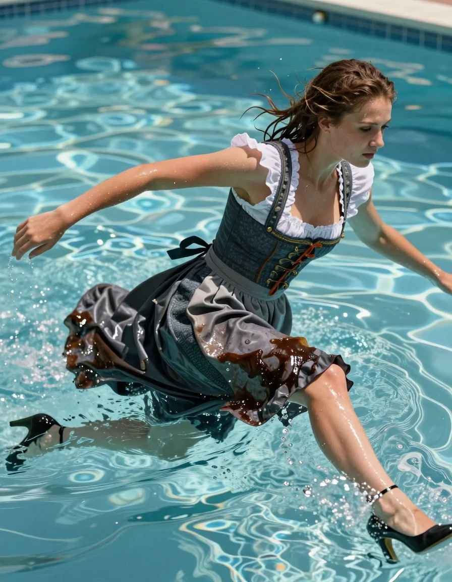 A photorealistic medium shot of a young adult European woman swimming in a pool, wearing a traditional dirndl with a long skirt and high heels. The dirndl fabric is visibly water-saturated, clinging heavily to her body with darker, soaked patches, deep fabric folds, and visible texture. Her skin and hair are glistening and dripping with water, showcasing a realistic wet sheen. She is captured in the middle of a graceful swimming motion within the clear pool water, with light refracting through the surface. The scene is illuminated by bright, natural sunlight creating sharp specular reflections on her wet skin and the dampened fabric of the dirndl. High-detail photography, 8k resolution, cinematic lighting, realistic water physics, sharp focus on the subject.