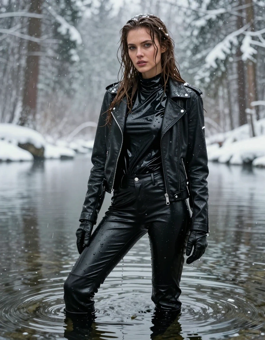 A photorealistic portrait of a young adult European woman with long, dripping wet brown hair, standing and relaxing inside a calm lake within a dense, snow-covered winter forest during a heavy snowfall. The woman has glistening wet skin and is wearing an oversized black vinyl polar neck shirt, a black biker leather jacket, black vinyl pants, black leather knee-high boots, and leather gloves on both hands. All garments are visibly drenched, with the vinyl and leather surfaces displaying heavy water sheen, dark reflective highlights, and clinging to her form. The scene captures damp, heavy fabric textures, water running down her hair and skin, and a cold, atmospheric environment. High-detail photography, cinematic lighting, sharp focus on the textures of wet vinyl and leather against the soft, blurred snowy background, professional color grading, realistic water reflections.