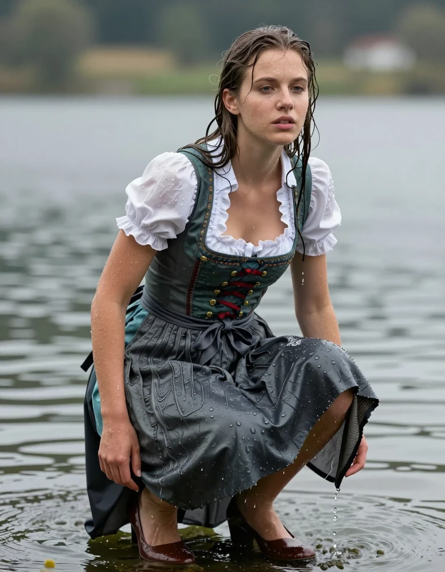 photo of young woman, in soaking wet, drenched clothes,
heels, long skirt, dirndl, lake, 
enjoying, wet clothes stuck to body,
detailed textures of the wet clothes, wet face, wet plastered hair,
wet, drenched, professional, high-quality details, full body view.
sharp focus, ultra-high pixel detail, realistic, high-quality, full colors, incredibly detailed, 4k, 8k, 16k, hyper-realistic, RAW photo, masterpiece, ultra-detailed, professionally color graded, professional photograph, wet skin, wet clothes, damp fabric