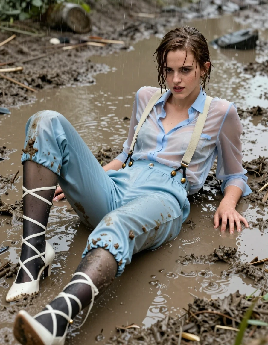photo of young woman, in soaking wet, drenched clothes,
Strappy white stilettos, muddy black stockings & suspenders , Muddy pale blue satin pants suit , See through jacket , Lying down in muddy puddle, 
enjoying, wet clothes stuck to body,
detailed textures of the wet clothes, wet face, wet plastered hair,
wet, drenched, professional, high-quality details, full body view.
sharp focus, ultra-high pixel detail, realistic, high-quality, full colors, incredibly detailed, 4k, 8k, 16k, hyper-realistic, RAW photo, masterpiece, ultra-detailed, professionally color graded, professional photograph, Emma Watson, in a downpour, wet skin, wet clothes, damp fabric, wet skin, wet clothes, damp fabric