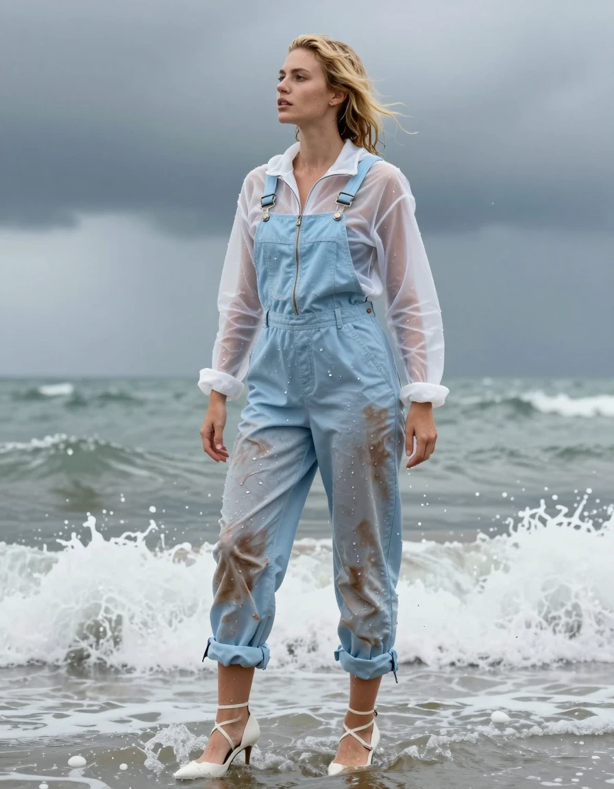 photo of young woman, in soaking wet, drenched clothes,
Strappy white stilettos, Dirty pale blue salopettes, Transparent White ski jacket , Standing in the surf, 
enjoying, wet clothes stuck to body,
detailed textures of the wet clothes, wet face, wet plastered hair,
wet, drenched, professional, high-quality details, full body view.
sharp focus, ultra-high pixel detail, realistic, high-quality, full colors, incredibly detailed, 4k, 8k, 16k, hyper-realistic, RAW photo, masterpiece, ultra-detailed, professionally color graded, professional photograph, Blonde, in thunder storm, wet skin, wet clothes, damp fabric, wet skin, wet clothes, damp fabric