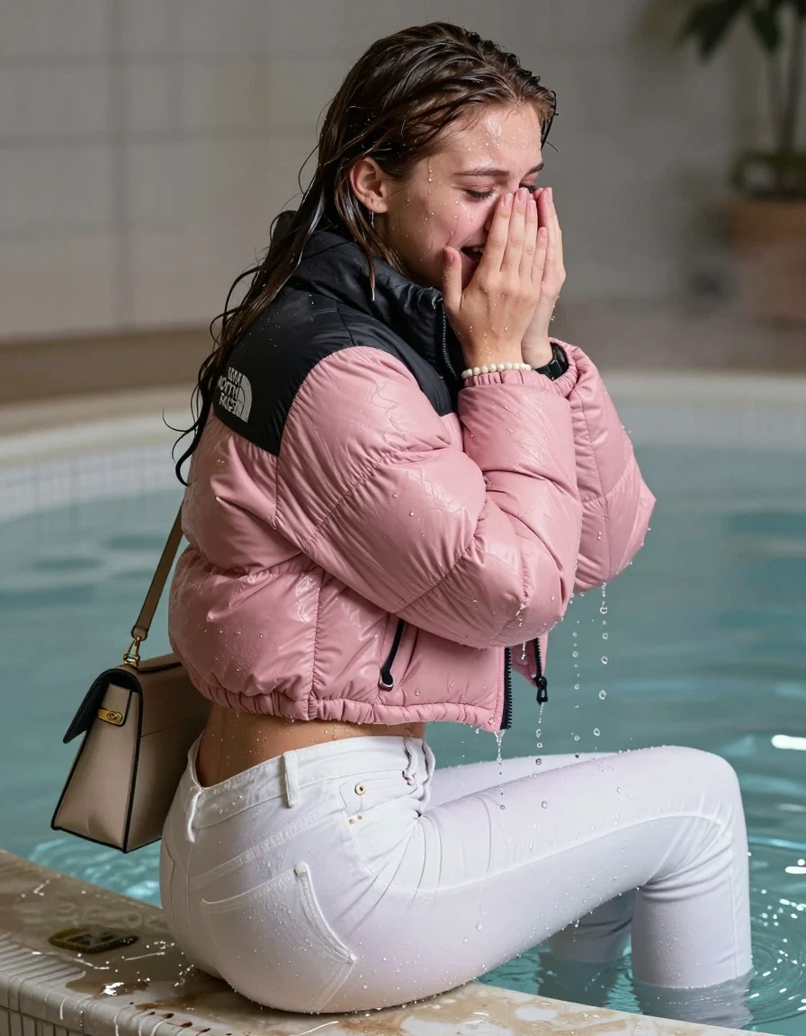 photo of young woman, in soaking wet, drenched clothes,
, White levis skinny jeans, Pink North face puffer down jacket, Open jacket, tight v-neck sweater belly free, shoulderbag, pearl necklace, bracelet, wristwatch, Steaming indoor jacuzzi , 
enjoying, wet clothes stuck to body,
detailed textures of the wet clothes, wet face, wet plastered hair,
wet, drenched, professional, high-quality details, full body view.
sharp focus, ultra-high pixel detail, realistic, high-quality, full colors, incredibly detailed, 4k, 8k, 16k, hyper-realistic, RAW photo, masterpiece, ultra-detailed, professionally color graded, professional photograph, A realistic vertical fashion photograph taken from a backward, behind-the-back angle of a 15-year-old teenage girl sitting in a steaming indoor jacuzzi, facing away from the camera to show her back. She holds her hands over her face. She is tilting her head at camera, letting the water drench her hair so it is glued flat against her head and body. She has brunette Sleek straight hair with middle parting, completely saturated and dripping wet hair, with water cascading down her face and neck, crying and astonished expression. The lighting is bright and cinematic, highlighting the glistening water droplets on her skin and the saturated texture of her  casual clothes.  Open mouth, half closed eyes. 
her clothing is soaking wet and clinging tightly to her skin, showing heavy wet folds, darkened fabric texture, and deep water-saturated Patches, her clothes are heavy from the water, water runs from her body and her clothes in streams. A lot of water also runs out of her clothes. Her clothes are darkened by the water. 
hyper-realistic wetness, high-contrast water sheen, sharp focus, 16k resolution, professional photography, realistic water physics., wet skin, wet clothes, damp fabric, wet skin, wet clothes, damp fabric, wet skin, wet clothes, damp fabric, wet skin, wet clothes, damp fabric, wet skin, wet clothes, damp fabric, wet skin, wet clothes, damp fabric, wet skin, wet clothes, damp fabric, wet skin, wet clothes, damp fabric, wet skin, wet clothes, damp fabric, wet skin, wet clothes, damp fabric, wet skin, wet clothes, damp fabric