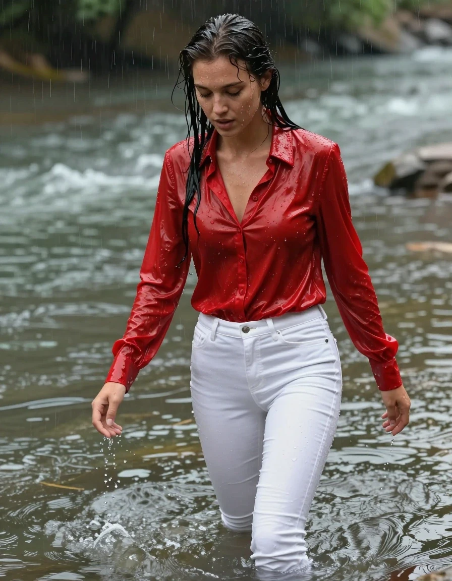 photo of young woman, in soaking wet, drenched clothes,
pumps, white tight long jeansskirt, shiny light red blouse , long blouse, river, rain, 
enjoying, wet clothes stuck to body,
detailed textures of the wet clothes, wet face, wet plastered hair,
wet, drenched, professional, high-quality details, full body view.
sharp focus, ultra-high pixel detail, realistic, high-quality, full colors, incredibly detailed, 4k, 8k, 16k, hyper-realistic, RAW photo, masterpiece, ultra-detailed, professionally color graded, professional photograph, collar, long sleeves, long blouse, unbuttoned, 
wet hair, long hair, drenched, dripping wet, submerged, full body, wet skin, wet clothes, damp fabric