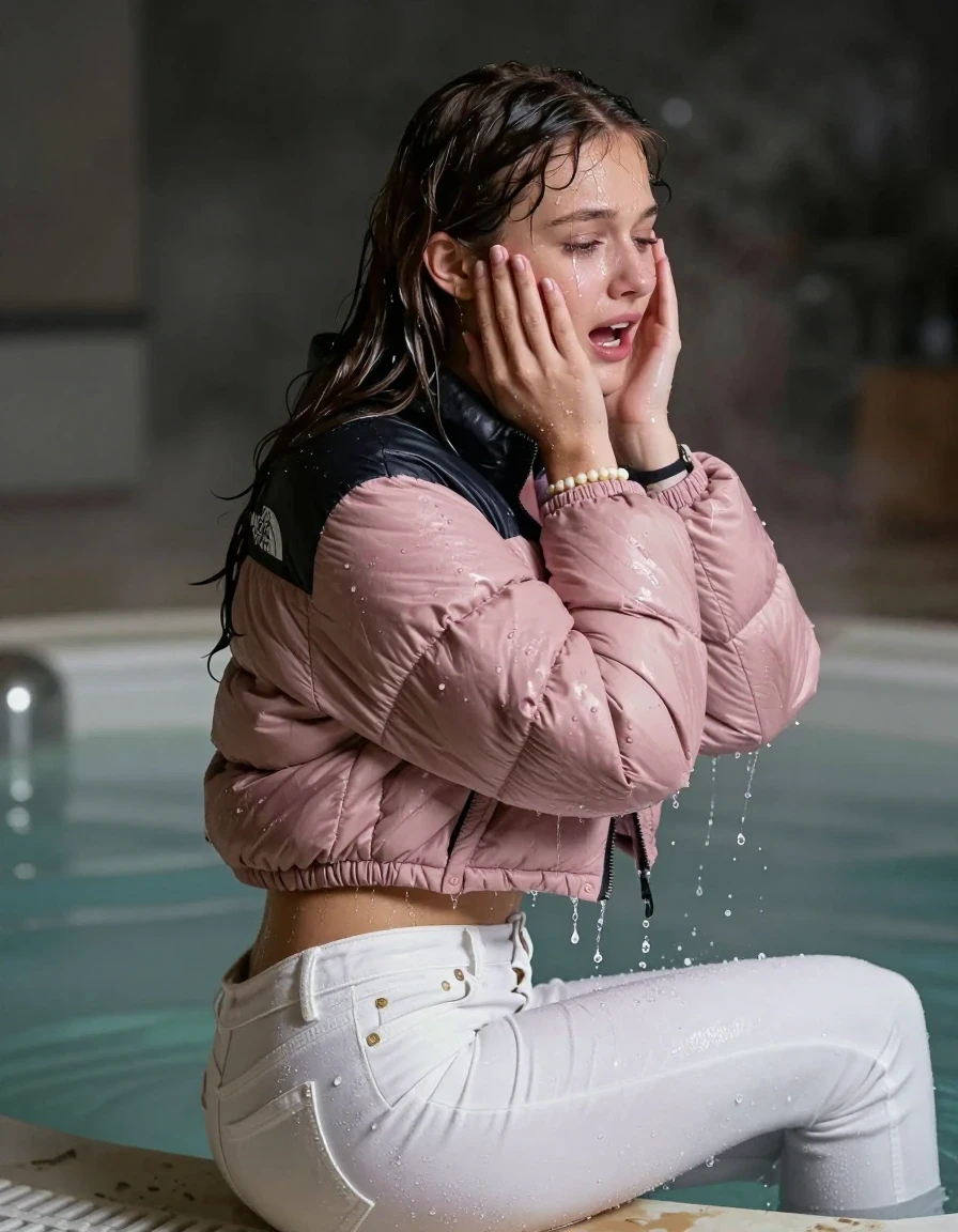 photo of young woman, in soaking wet, drenched clothes,
, White levis skinny jeans, Pink North face puffer down jacket, Open jacket, tight v-neck sweater belly free, shoulderbag, pearl necklace, bracelet, wristwatch, Steaming indoor jacuzzi , 
enjoying, wet clothes stuck to body,
detailed textures of the wet clothes, wet face, wet plastered hair,
wet, drenched, professional, high-quality details, full body view.
sharp focus, ultra-high pixel detail, realistic, high-quality, full colors, incredibly detailed, 4k, 8k, 16k, hyper-realistic, RAW photo, masterpiece, ultra-detailed, professionally color graded, professional photograph, A realistic vertical fashion photograph taken from a backward, behind-the-back angle of a 15-year-old teenage girl sitting in a steaming indoor jacuzzi, facing away from the camera to show her back. She holds her hands over her face. She is tilting her head at camera, letting the water drench her hair so it is glued flat against her head and body. She has brunette straight hair with middle parting, completely saturated and dripping wet hair, with water cascading down her face and neck, crying and astonished expression. The lighting is bright and cinematic, highlighting the glistening water droplets on her skin and the saturated texture of her  casual clothes.  Open mouth, half closed eyes. 
her clothing is soaking wet and clinging tightly to her skin, showing heavy wet folds, darkened fabric texture, and deep water-saturated Patches, her clothes are heavy from the water, water runs from her body and her clothes in streams. A lot of water also runs out of her clothes. Her clothes are darkened by the water. 
hyper-realistic wetness, high-contrast water sheen, sharp focus, 16k resolution, professional photography, realistic water physics., wet skin, wet clothes, damp fabric, wet skin, wet clothes, damp fabric, wet skin, wet clothes, damp fabric, wet skin, wet clothes, damp fabric, wet skin, wet clothes, damp fabric, wet skin, wet clothes, damp fabric, wet skin, wet clothes, damp fabric, wet skin, wet clothes, damp fabric, wet skin, wet clothes, damp fabric, wet skin, wet clothes, damp fabric, wet skin, wet clothes, damp fabric
